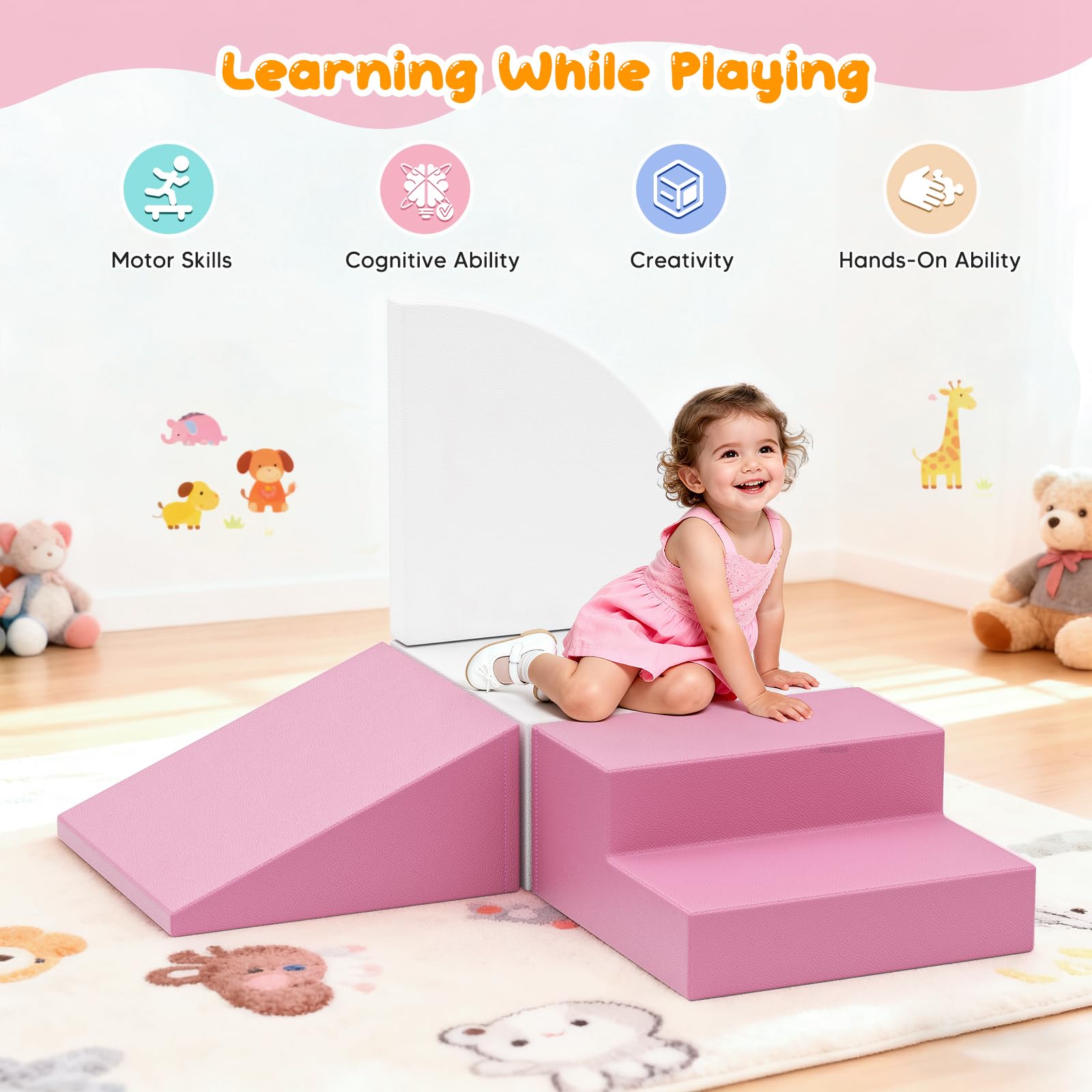 Lot de 4 blocs de construction en mousse pour enfants, grands blocs de construction souples pour grimper, ramper et jouer, escalader bébé à l'intérieur, antidérapants et stables (rose et blanc