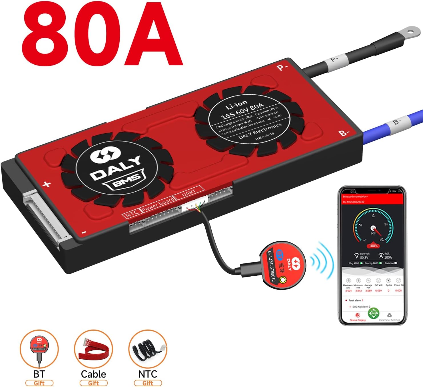DALY Smart BMS Li-ion 16S 60V 80A with Visible Data Monitoring App Bluetooth Module, UART Communication for Rated 3.7V Lithium Battery Pack Management(Smart BMS,80A)
