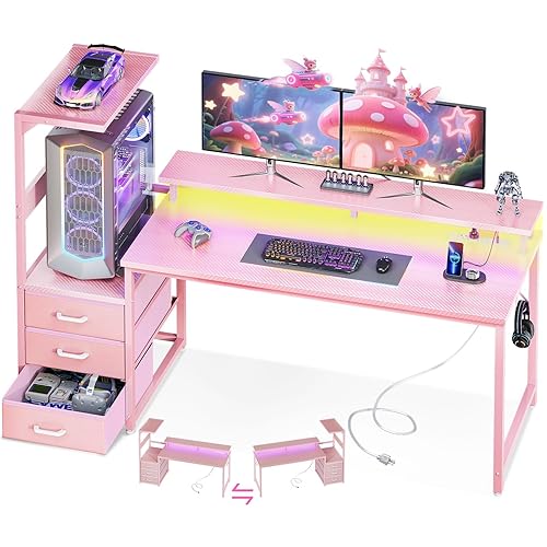 AODK 59 Inch Gaming Desk with USB Charging Ports & LED Light- Reversible Computer Desk with Storage Shelves & Monitor Stand, Modern Gamer Desk Table with Fabric Drawers & Side Hook, Carbon Fiber Pink - Pink - 59 inches