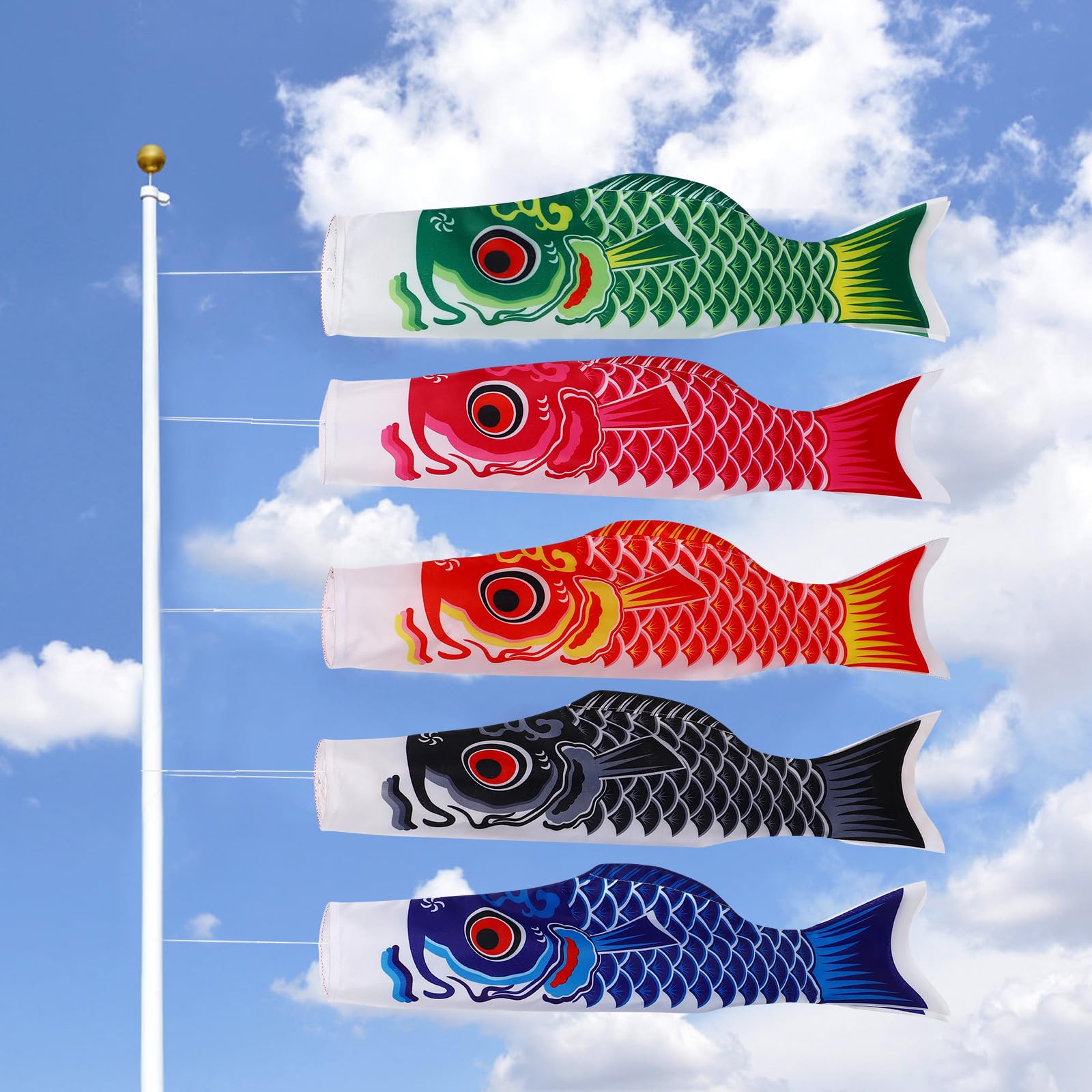 Totority Banderas de Peces Japonesas 5 Piezas 70 CM en Satén Ligero para Decoración de Jardín y Espacios Abiertos Diseño Animado y Fácil de Colgar