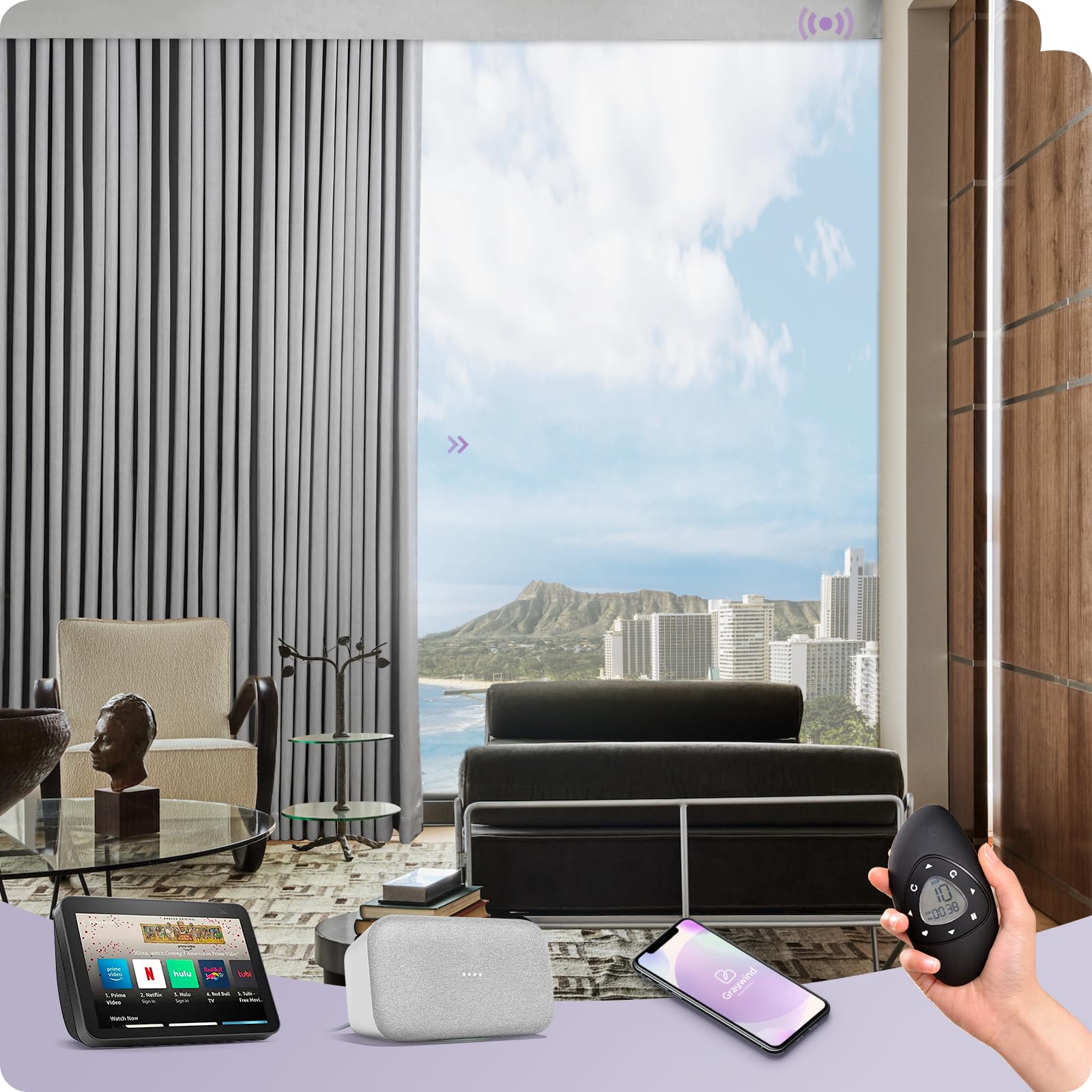Graywind Hardwired Smart Curtains Motorized Curtains with Remote Alexa Google Control for Sliding Door Room Darkening Drapes One-Way or Split Draw, Custom Width to 207" (Silver Grey)
