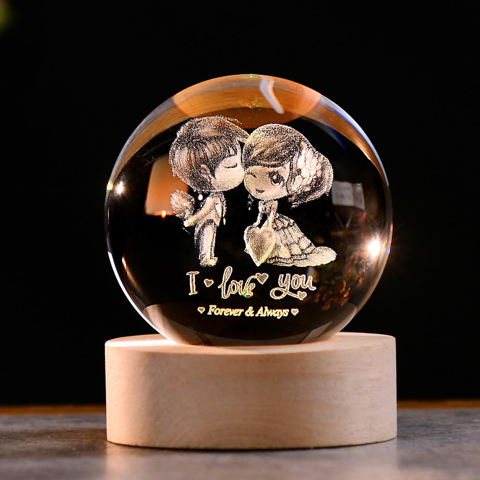 IFOLAINA 3D Couple Crystal Ball Valentine's Gifts for Her 2.36" Engraved Glass Couple Sphere Gifts with Colorful Lighted Base Decorative Glass Ball Romantic Anniversary Decor Wife Birthday Gifts