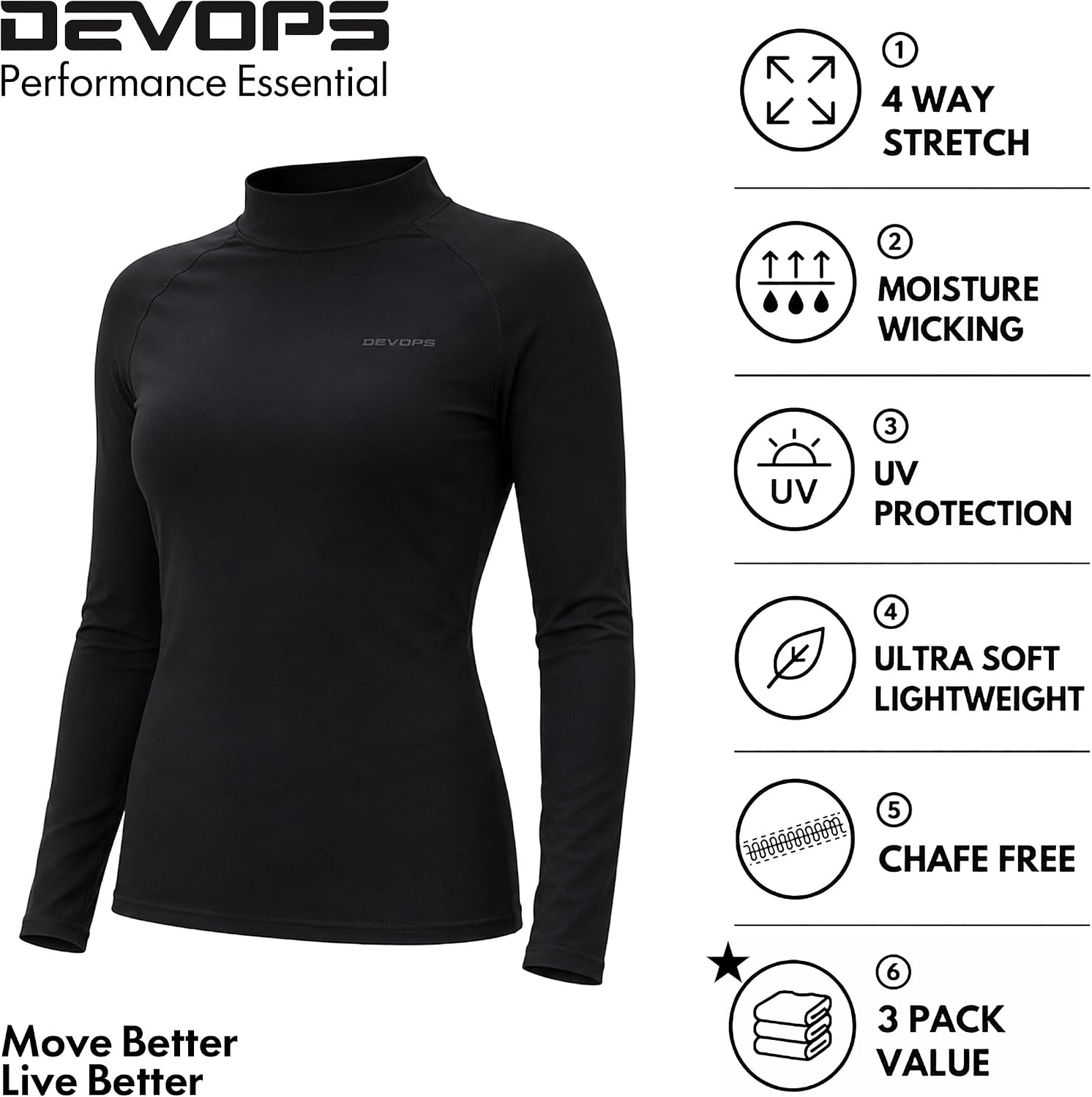 DEVOPS 3 Pack Women's Compression Baselayer Shirt Turtle Neck Long Sleeve Running Athletic Performance Workout Tops