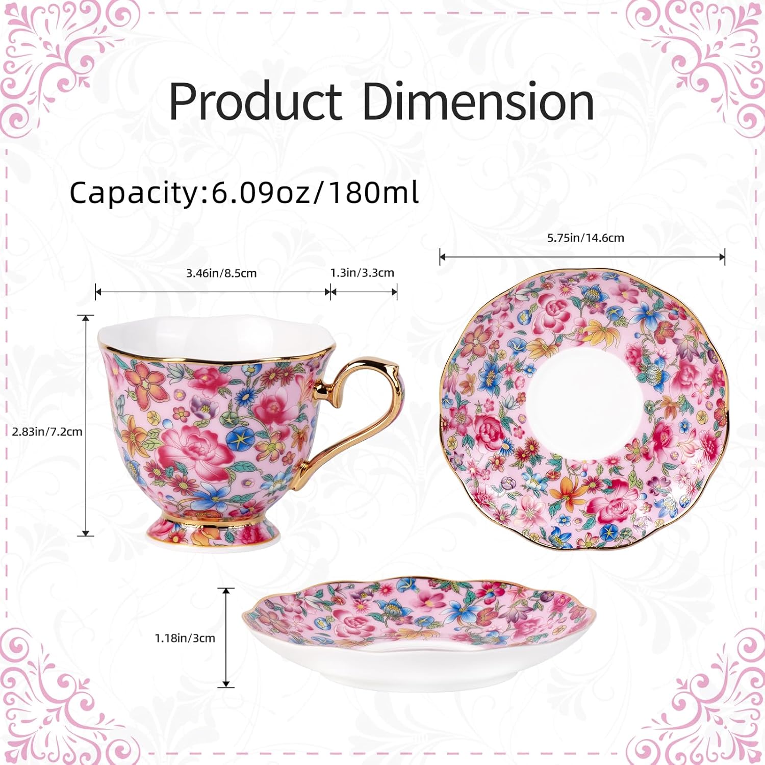 KAMMAK Tea Cups and Saucers Set of 2, Porcelain Coffee Cups with Saucer for Espresso, Cappuccino, 6.3oz Vintage Pink and Yellow Ceramic Novelty Mug for Home, Tea Party, Office - Image 2
