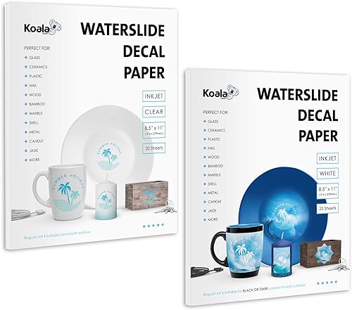 Koala Inkjet - Papel adhesivo transparente para tobogán acuático, 20 hojas y papel de transferencia de tobogán de agua blanca, paquete de 25 hojas