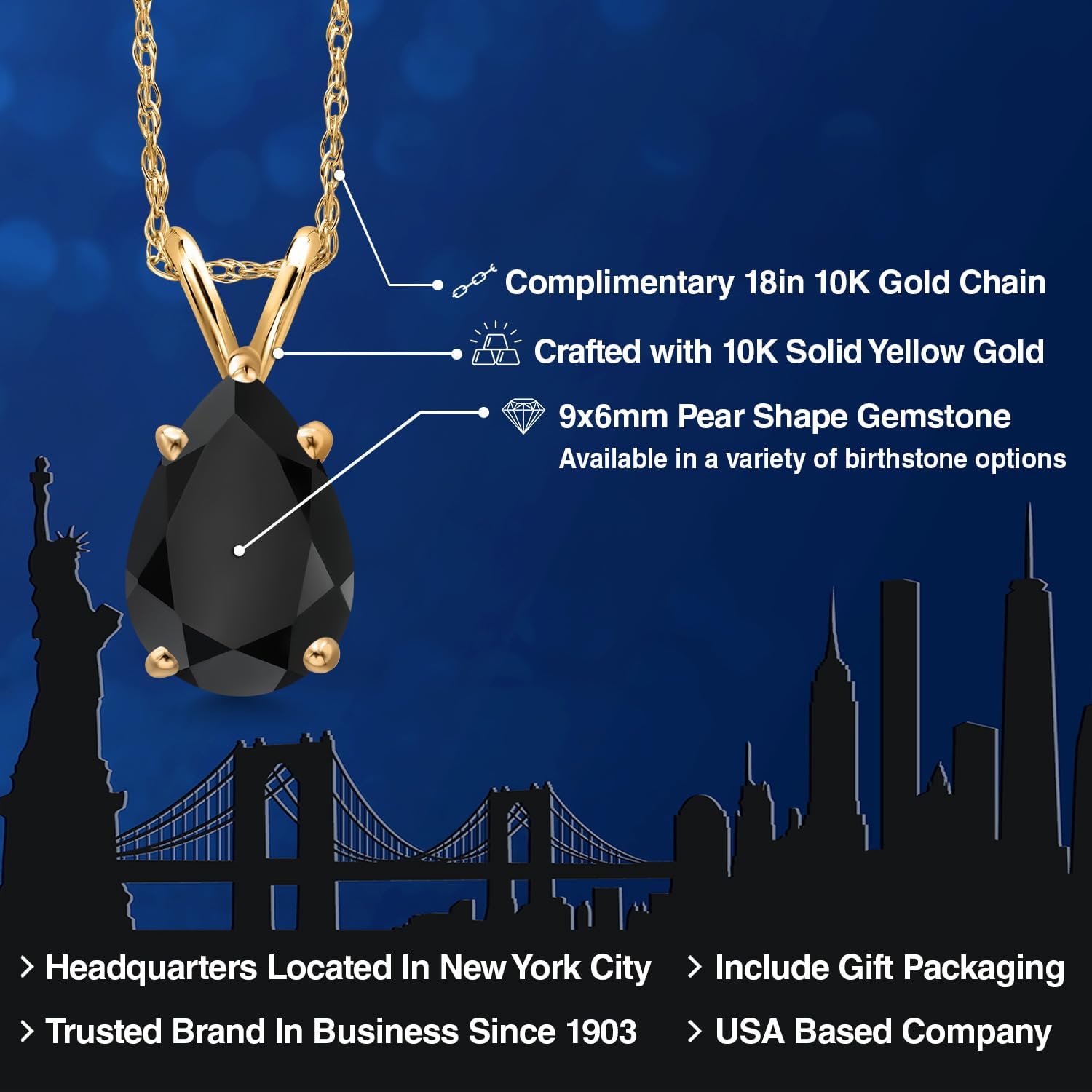 Gem Stone King 10K Yellow Gold Black Onyx Pendant Necklace for Women | 1.28 Cttw | Gemstone December Birthstone | Pear Shape 9X6MM - Image 2