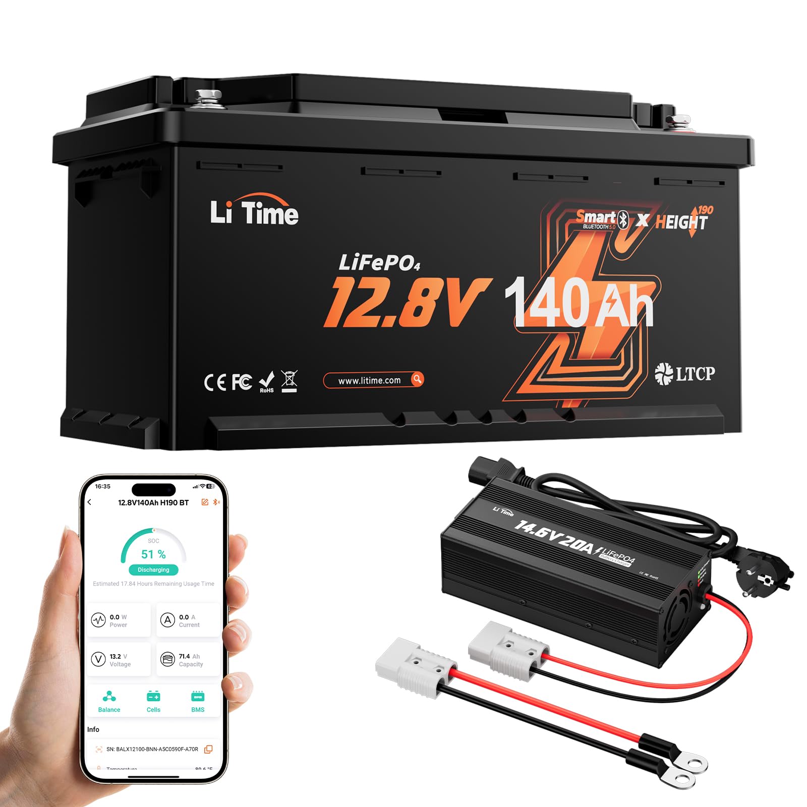 LiTime Batterie Lithium 12V 140Ah Bluetooth H190 avec 14,6V 20A Chargeur pour Camping-Car, AC-DC Chargeur avec Connecteur Anderson, Max. 15000 Cycles, Énergie 1920Wh, Idéale pour Camper Van, Fourgon