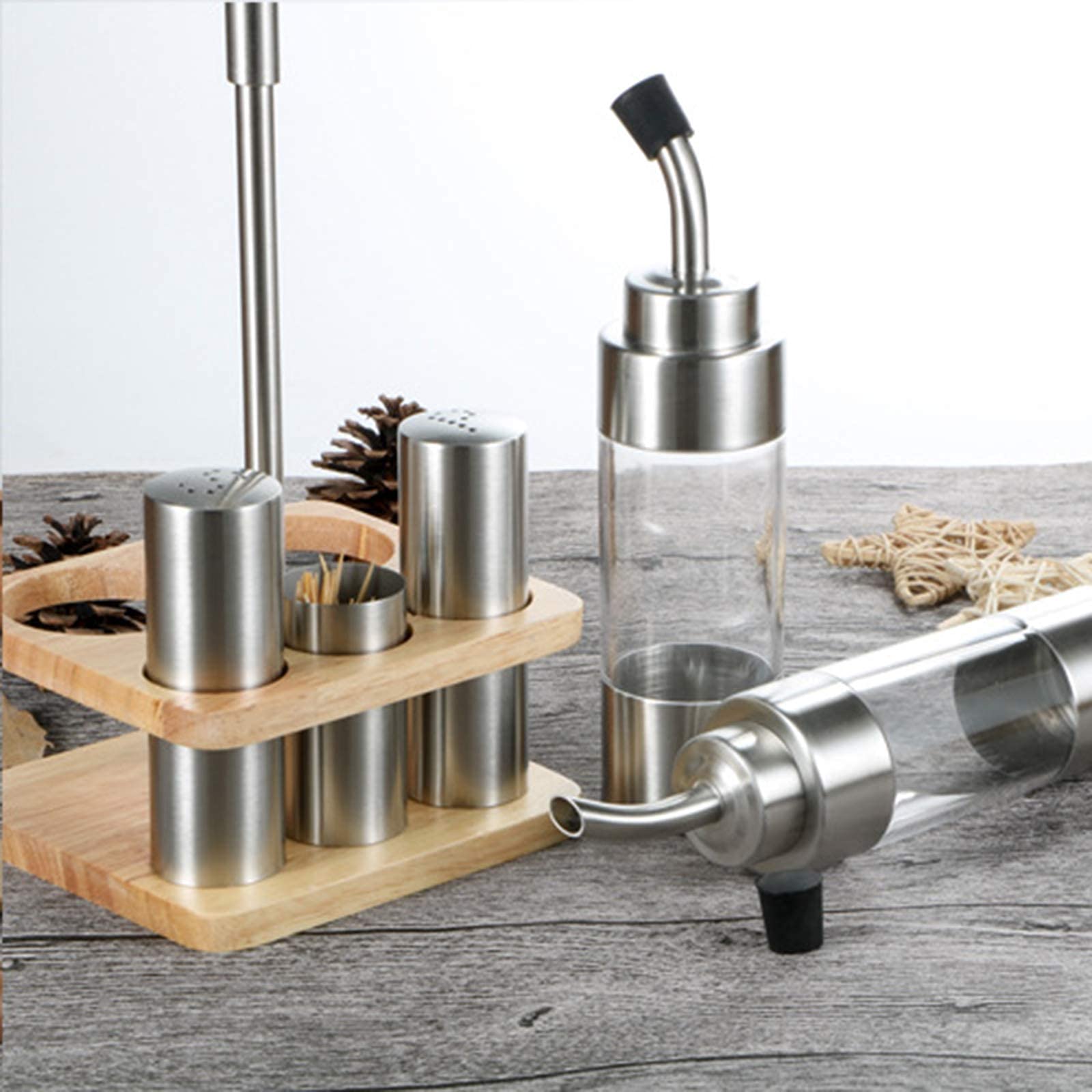 BERTY·PUYI Set Per Bottiglie Per Condimenti Con Base In Legno 5 Pezzi, Per Sale, Pepe, Aceto, Olio, Supporto Per Dispenser Aceto/Olio, Macina Sale, Macina Pepe.