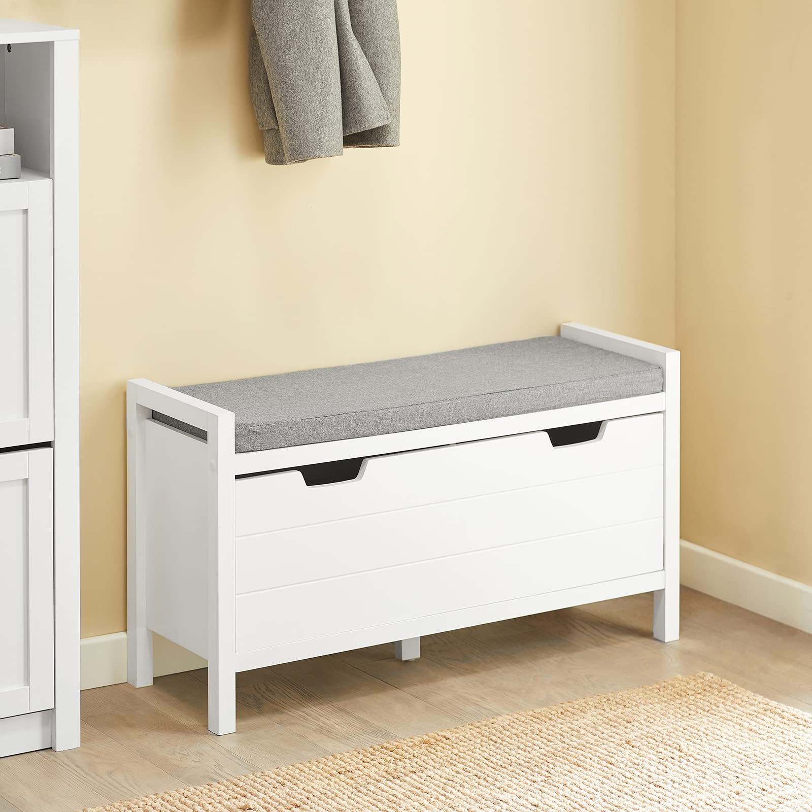 SoBuy Panca scarpiera con cuscino 91x30x50cm per ingresso | Cassapanca contenitore in MDF melaminato con cuscino 5cm, carico 120kg, bianco elegante FSR97-W