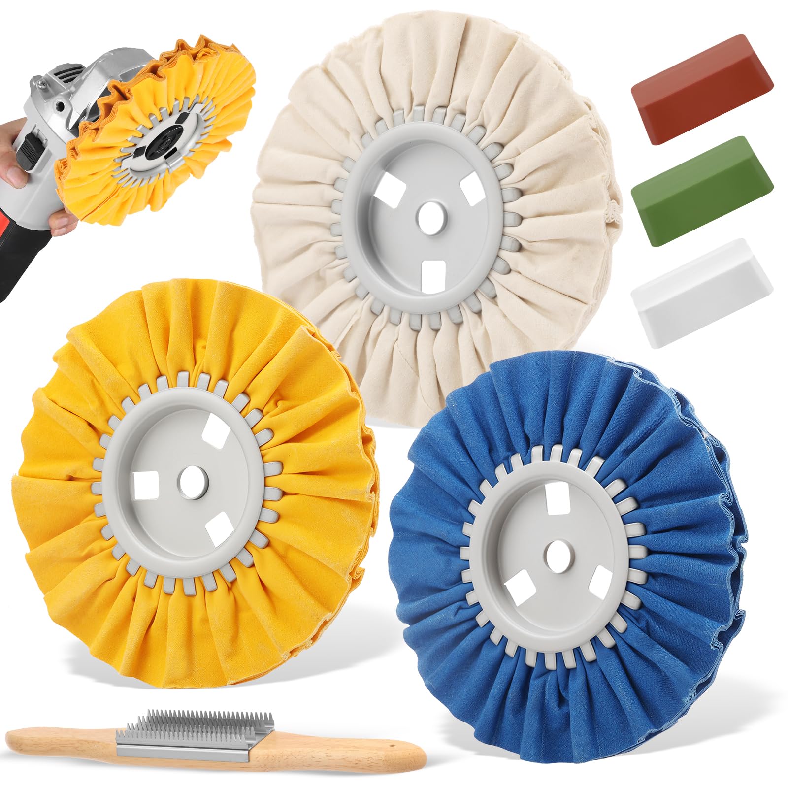 7 Pcs Airway Buffing Wheel Kit Wheel Polishing Kit in Diameter 5/8 inch 8 Inch Polishing Wheels for Angle Grinder