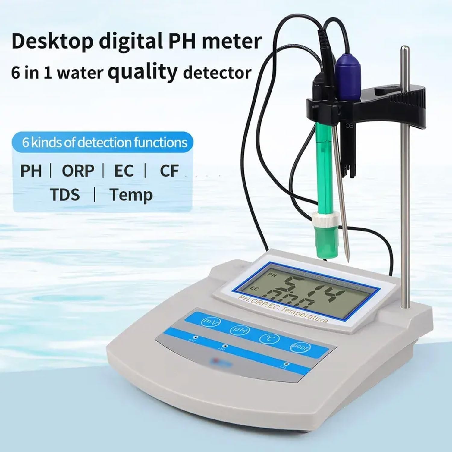 PH-mètre de laboratoire 6 en 1, détecteur de qualité de l'eau de paillasse avec compensation de température, fonction d'économie de données, for aquarium, laboratoire, pêche, ferme, piscine.