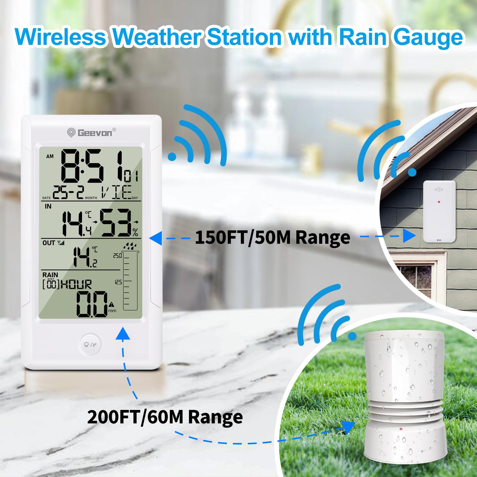 Geevon Digitaler Regenmesser mit Thermometer, Niederschlagsmessung im Freien, genaue Daten klare Anzeige, breiter Erfassungsbereich, Hochwasseralarm, einfache Einrichtung, Außentemperatursensor