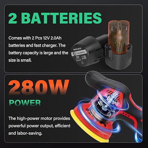Miniatura 5 de NIHAO - Pulidor de búfer inalámbrico de 5 pulgadas con 2 baterías recargables de 12 V 2000 mAh y 15 accesorios adicionales, 8 velocidades variables