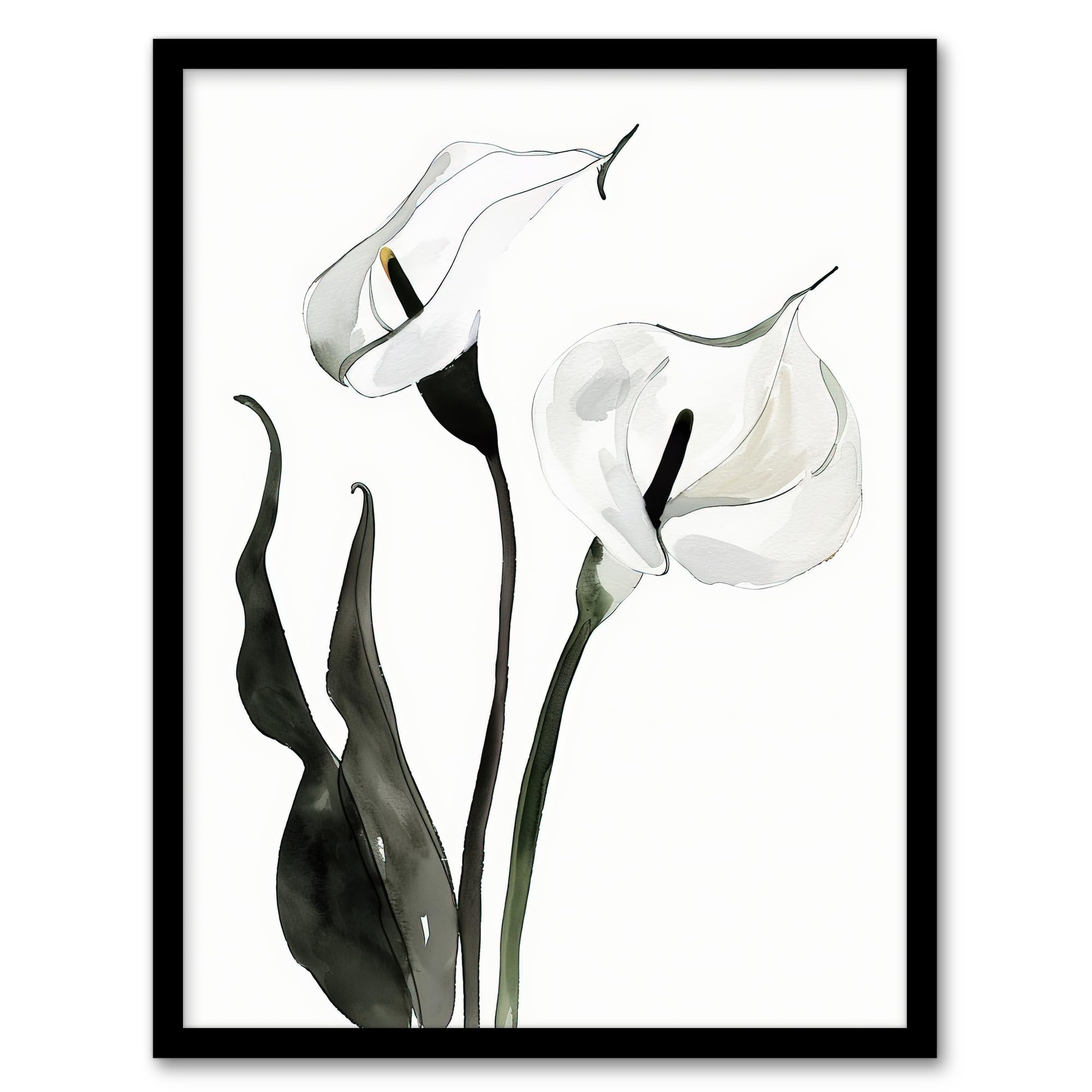 Artery8 Calla Lily Flower Black White Watercolour Lilies Living Room Artwork Framed Wall Art Print A4