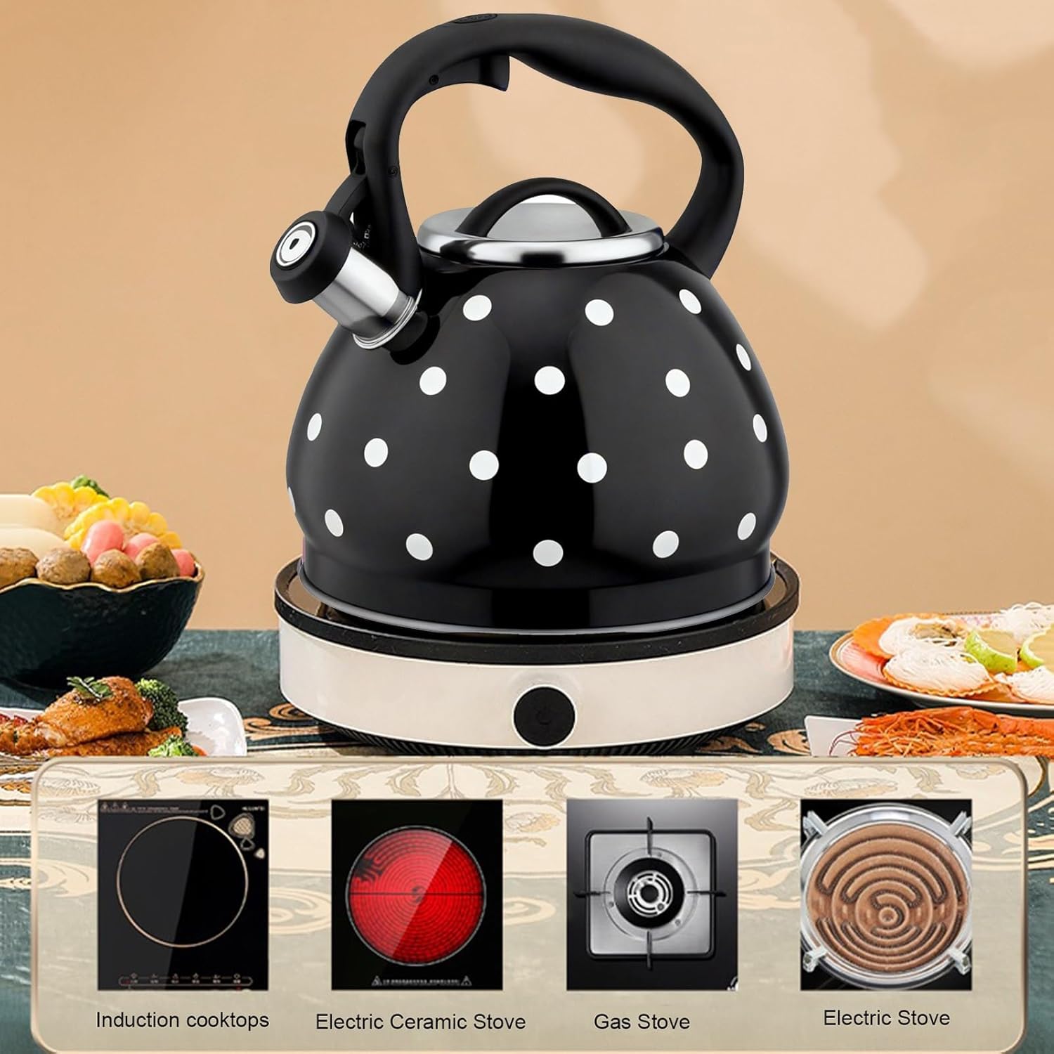 Tea Kettle, 3.2 Quart Teapot for Stove Top, 304 Stainless Steel Whistle White Polka Dot Tea Pot