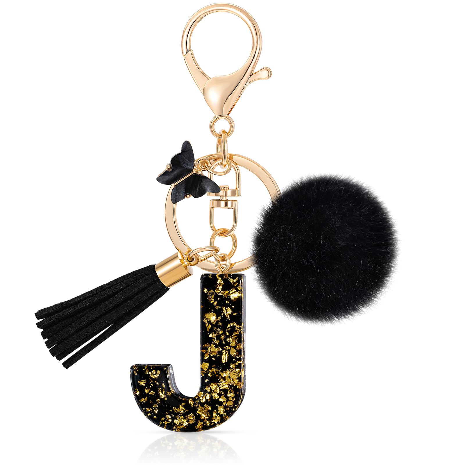 MWOOT Initial keychain,Resin Letter keychain,Cute Car Keyring Alphabet,Black Car Keychains Pompom Keychain