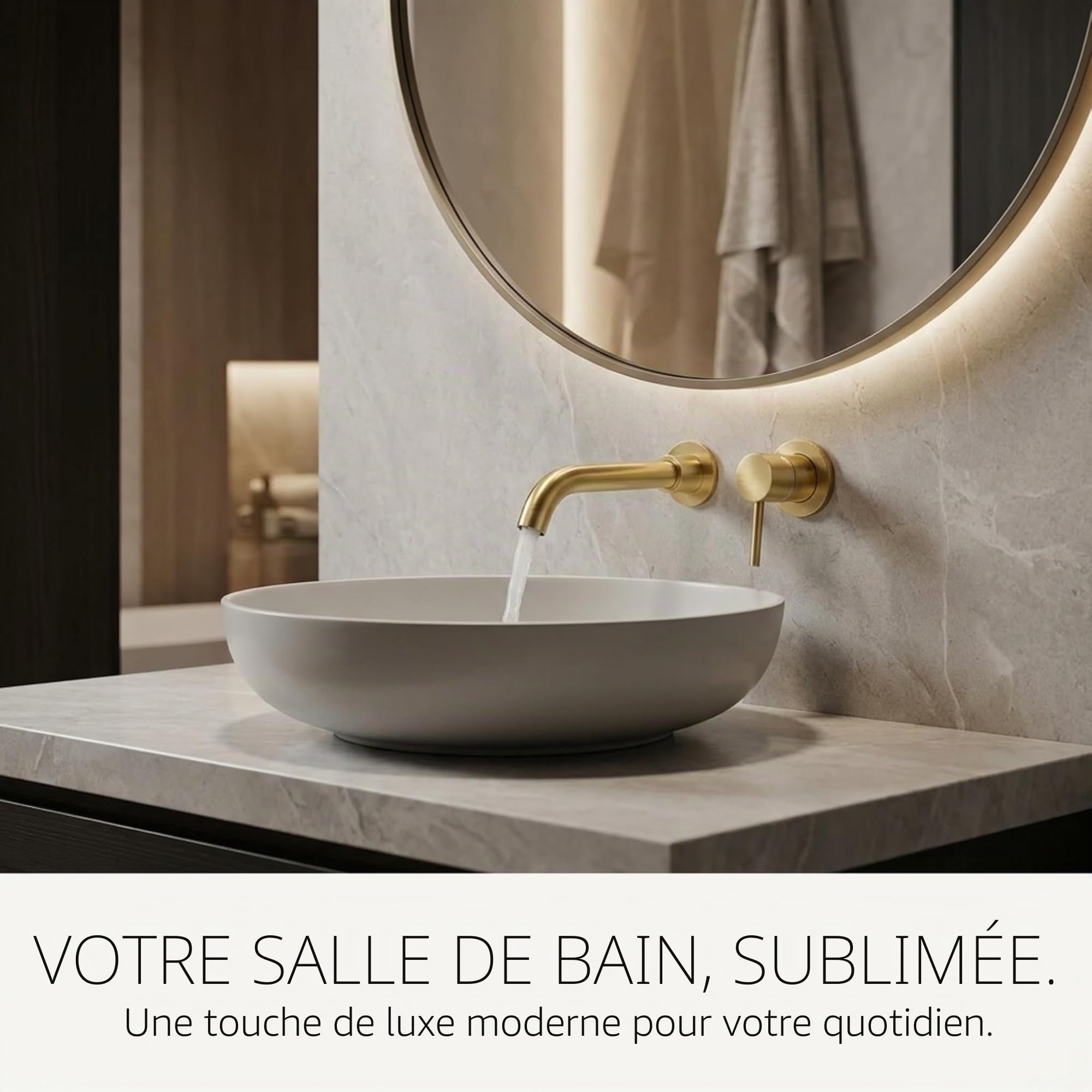 VALAZ Robinet Salle Bain Mural | Mitigeur Lavabo, Mélangeur Eau Froide et Chaude, Pas de Fuites, Installation Facile | Laiton, Inoxydable, Doré Brossé Protecion PVD, Rond, Bec 15 cm, Série Gualquivir