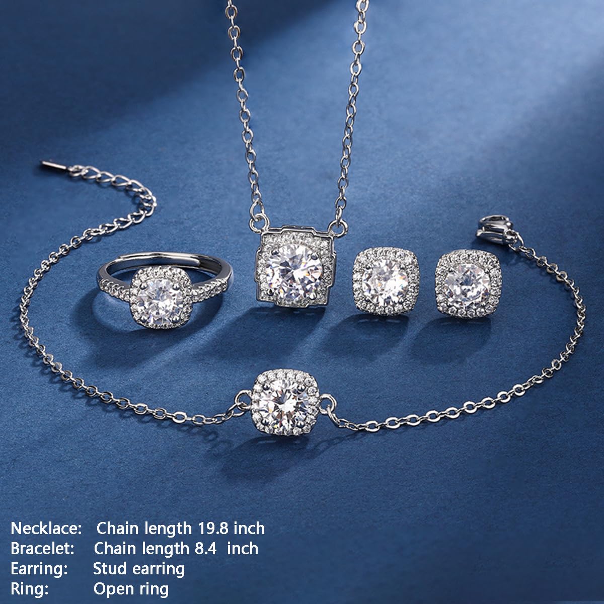 4pcs Cubic Zirconia Wedding Jewelry Sets for Bride Bridesmaid Cubic Zirconia Pendant Necklace Earrings Link Tennis Bracelet Open Ring Set for Women Birthday/Valentine's Day/Mother's Day/Christmas
