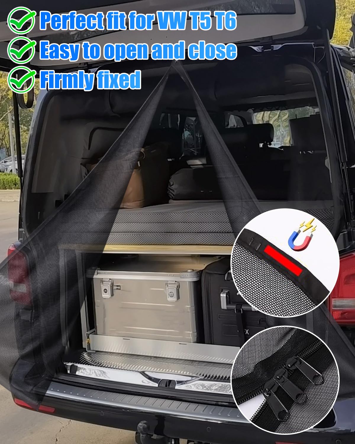 Osłona przeciwsłoneczna na tylne drzwi auta Kompatybilna z VW T6, T5, osłona bagażnika z TRZYMI zamkami błyskawicznymi, magnetyczna przegroda, zasłona, siatka antymoskito dla wycieczek na kemping