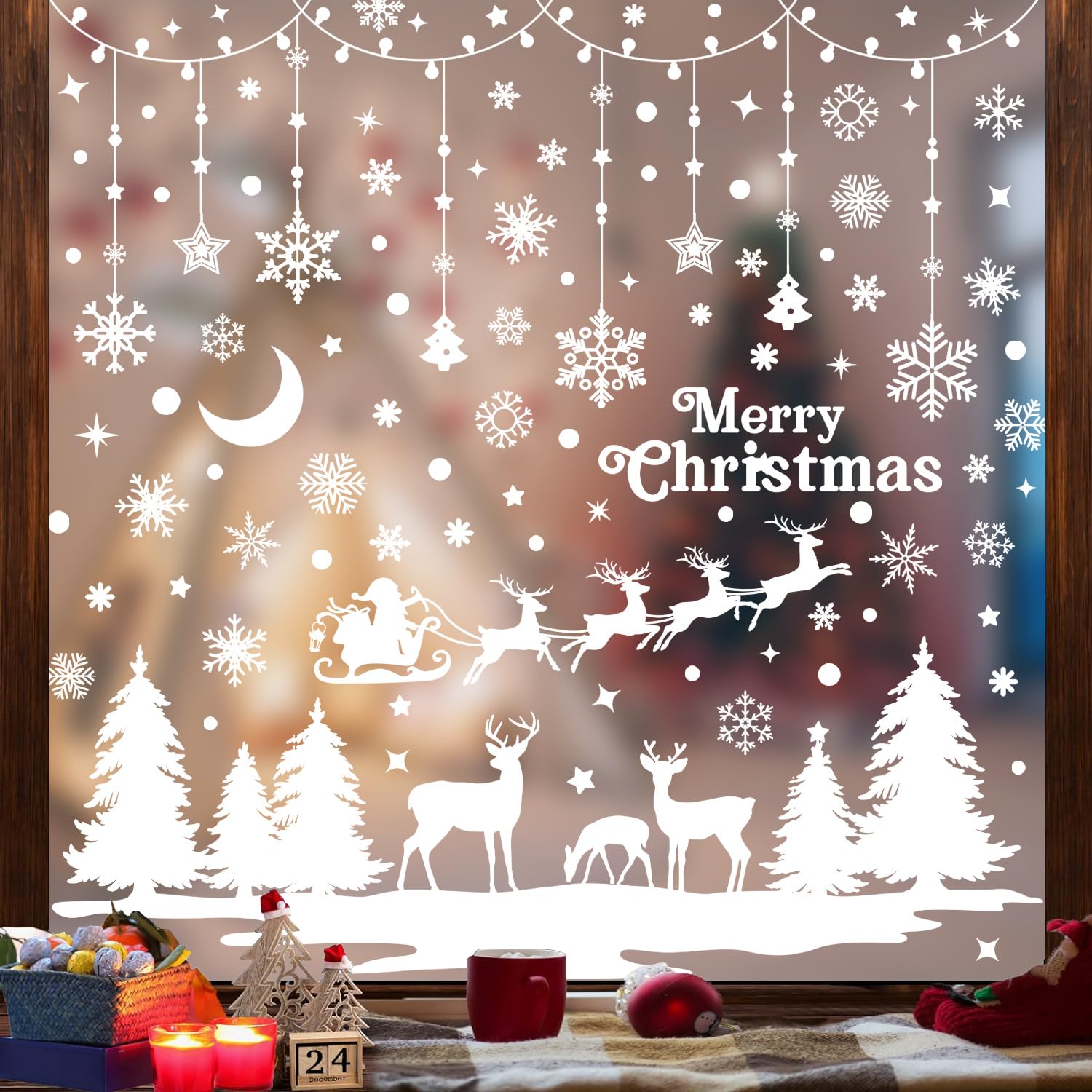 Stickers Fenêtre Noël Réutilisables - Lot De 9 Feuilles PVC Aquarelle, Motifs Flocons, Père Noël