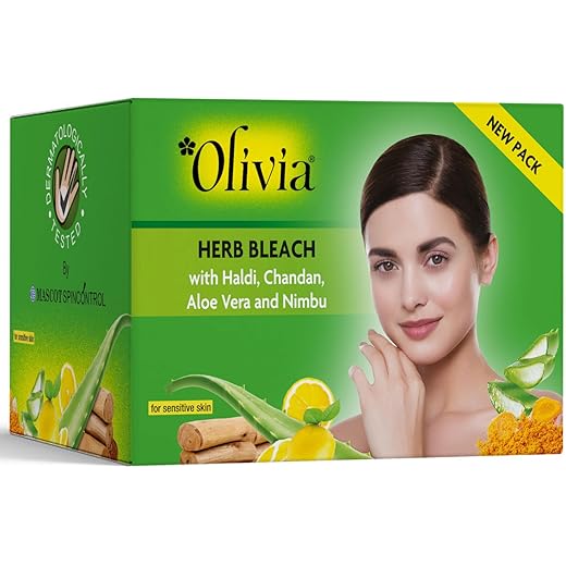 Olivia Herb Bleach for Sensitive Skin 60g | With Haldi, Chandan, Aloe Vera & Lemon | Removes Tan & Fades Facial Hair | Enhances Skin Tone | Soothes & Hydrates | For Men & Women