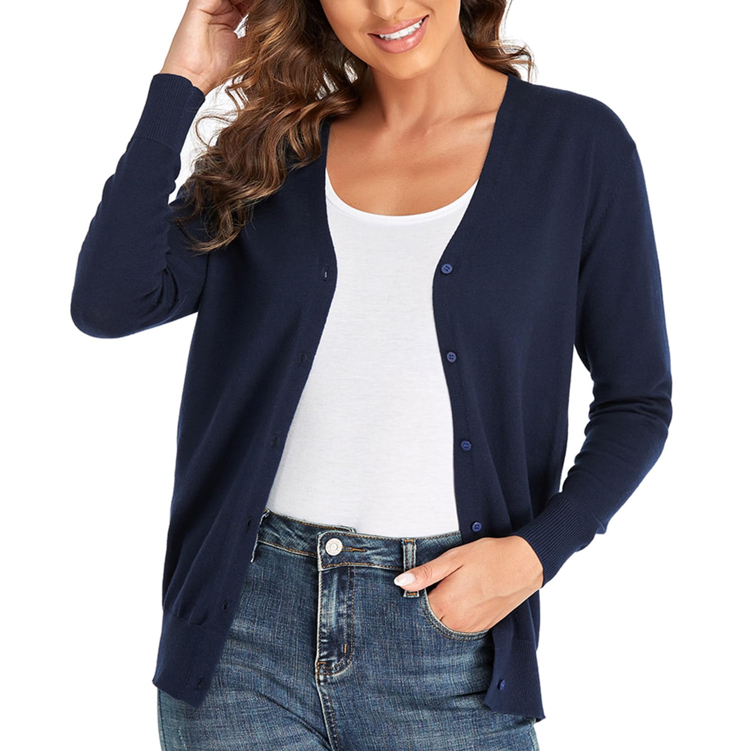 CUNYI Cardigan para Mujer Escote en V Rebeca de Punto Manga Larga