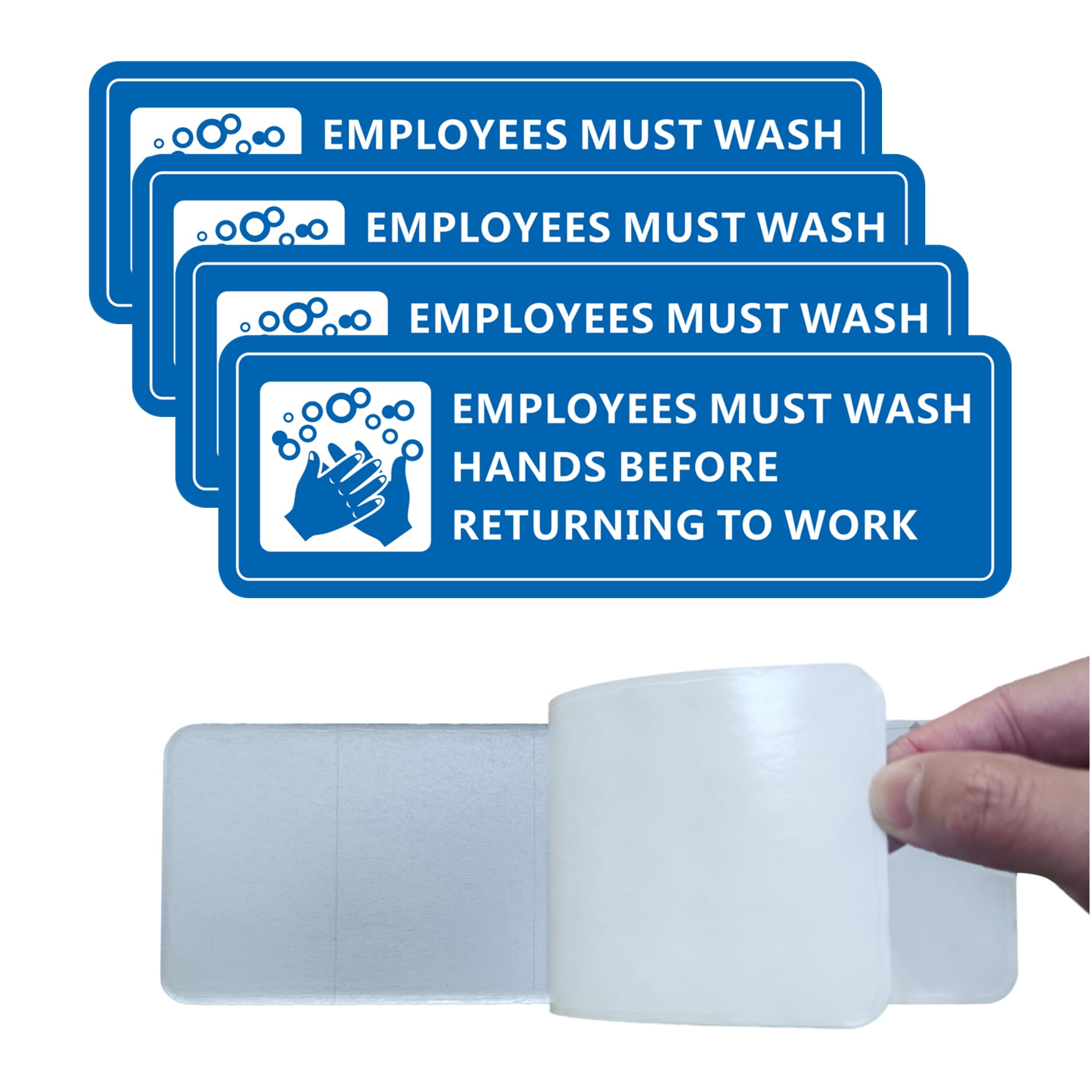 (4 Pack) Employees Must Wash Hands Sign, Self-Adhesive Metal Signage for Bathroom Office, Waterproof Aluminum Signs for Indoor Outdoor (4 Pack (Blue),