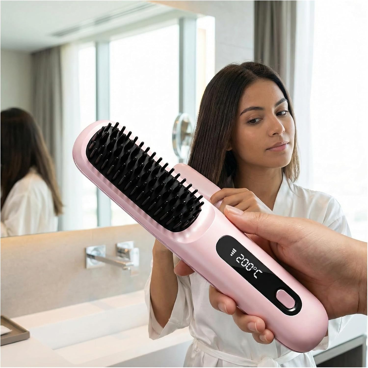 2026 Go Brush Pro Cordless Hair Straightener Brush, Portable Travel Mini Straightener for Short Hair with LCD Temperature Display, Fast Heating Small Hair Styling Tool for Women (White)