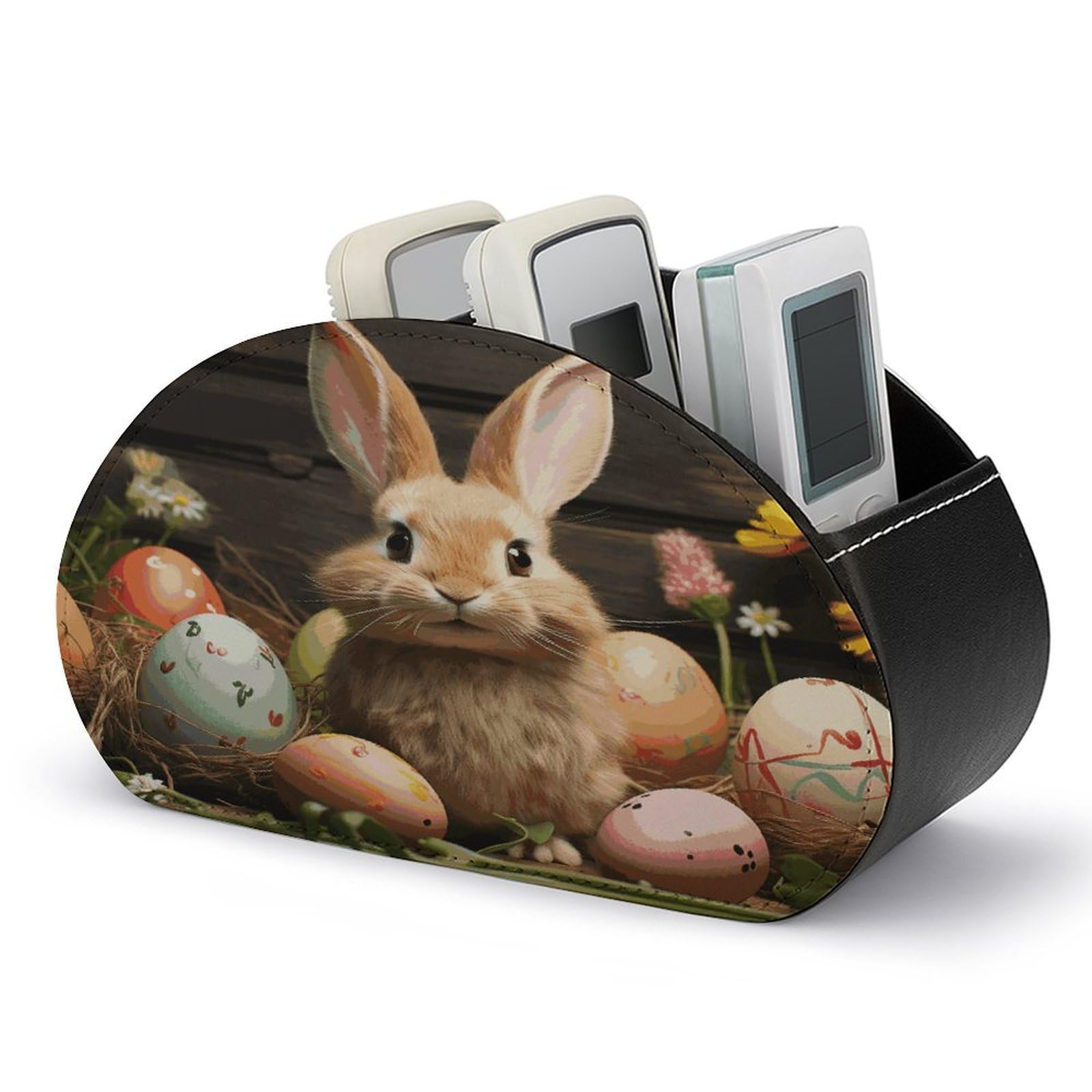 FekiLoot Easter Egg Bunny Remote Control Holder with 5 Compartments Multi-functional TV Remote Caddy Organizer Leather TV Remote Holder Desktop Organizer Store for Bedside Table Office Desk