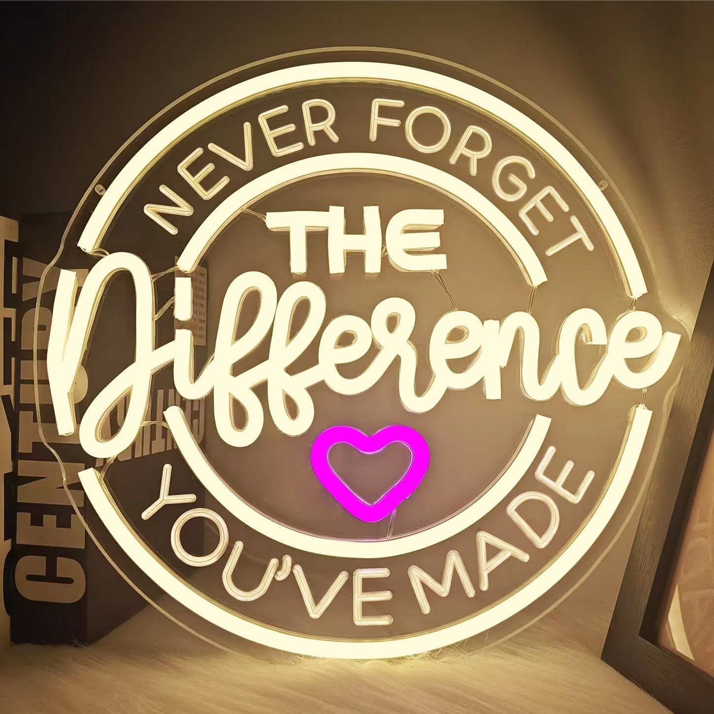 Never Forget The Difference You Make Neon Sign Cool Dimmable Led Letters Light Up Sign USB Powered Warm White Neon Light for Bedroom Study Room Bar Shop Man Cave