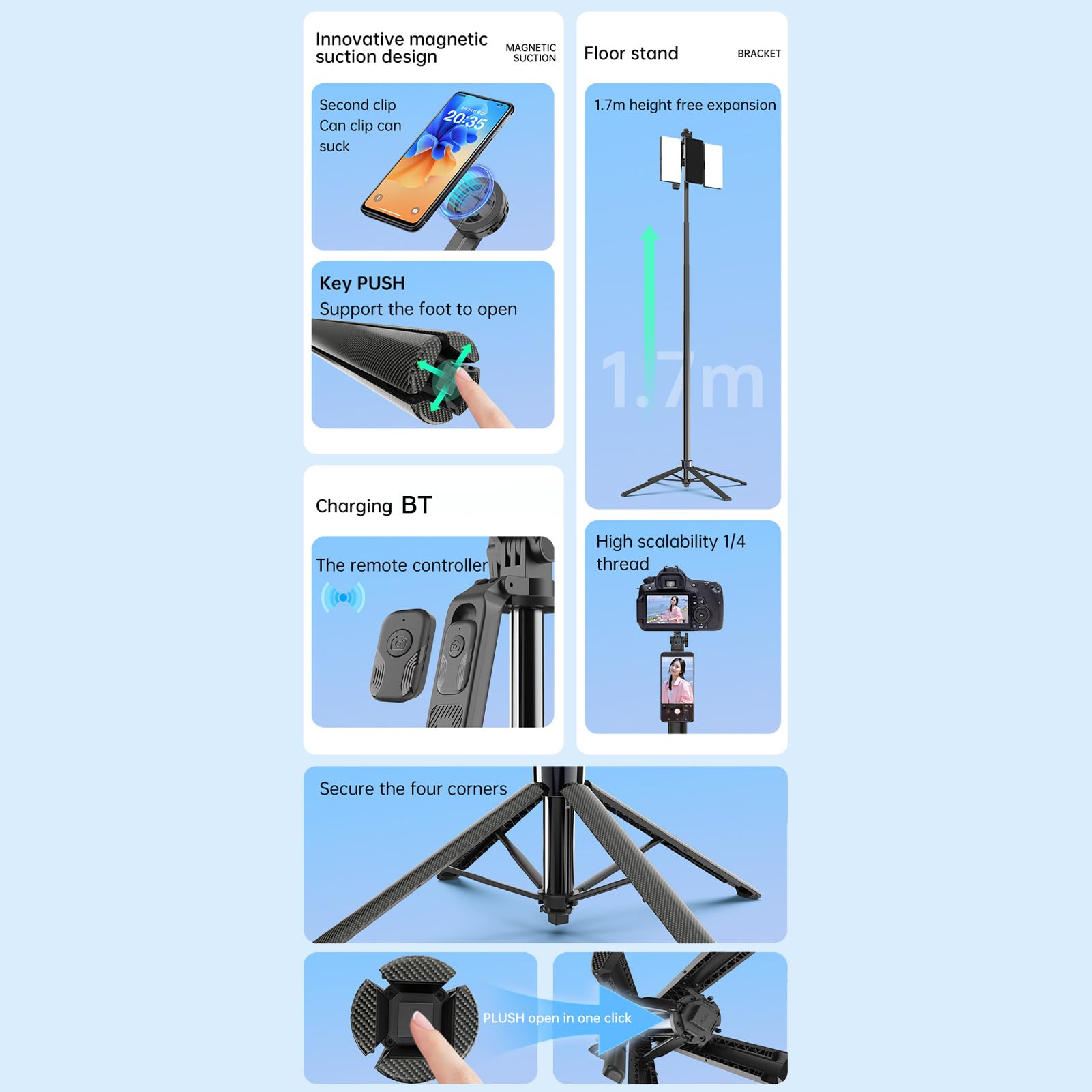 Tangxi Treppiede Magnetico per Selfie Stick da 1,7 M con Doppia Luce di Riempimento per Telefono