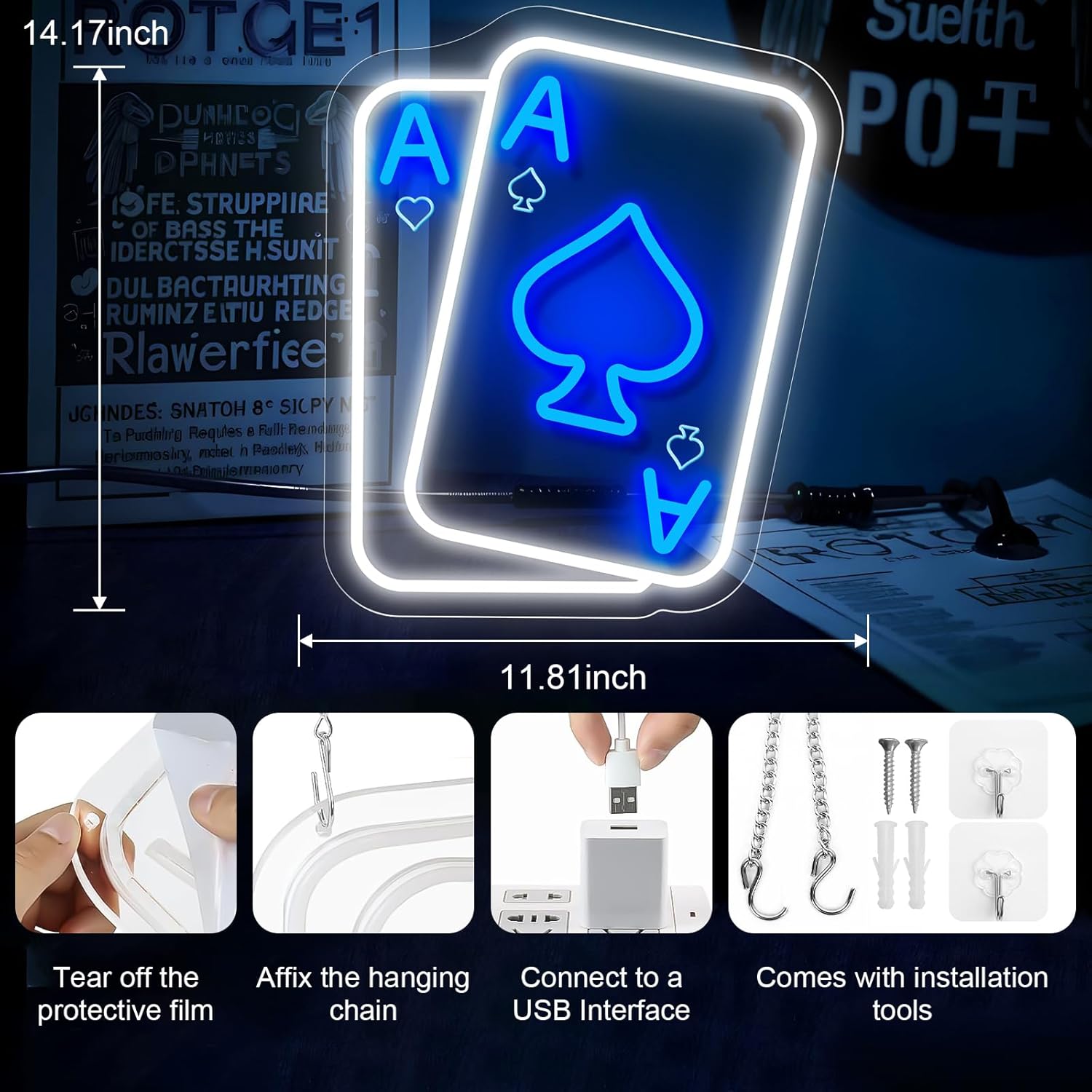 Poker Neon Sign, Playing Cards Neon Sign for Wall Decor Poker Dimmable LED Neon Light Sign for Bedroom Casino Bar Game Room Man Cave Wall Art Birthday Party Decor（Blue） - Image 2