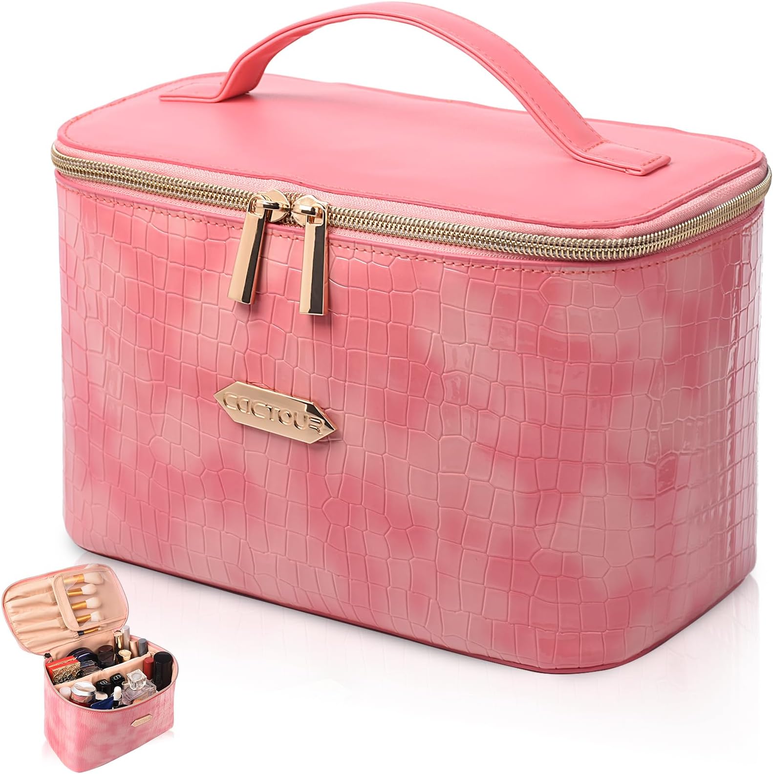 Make Up Bags for Women,Portable Cosmetic Organizer Bag,Large Makeup Organizer Bag Travel with Brush Storage (Pink)