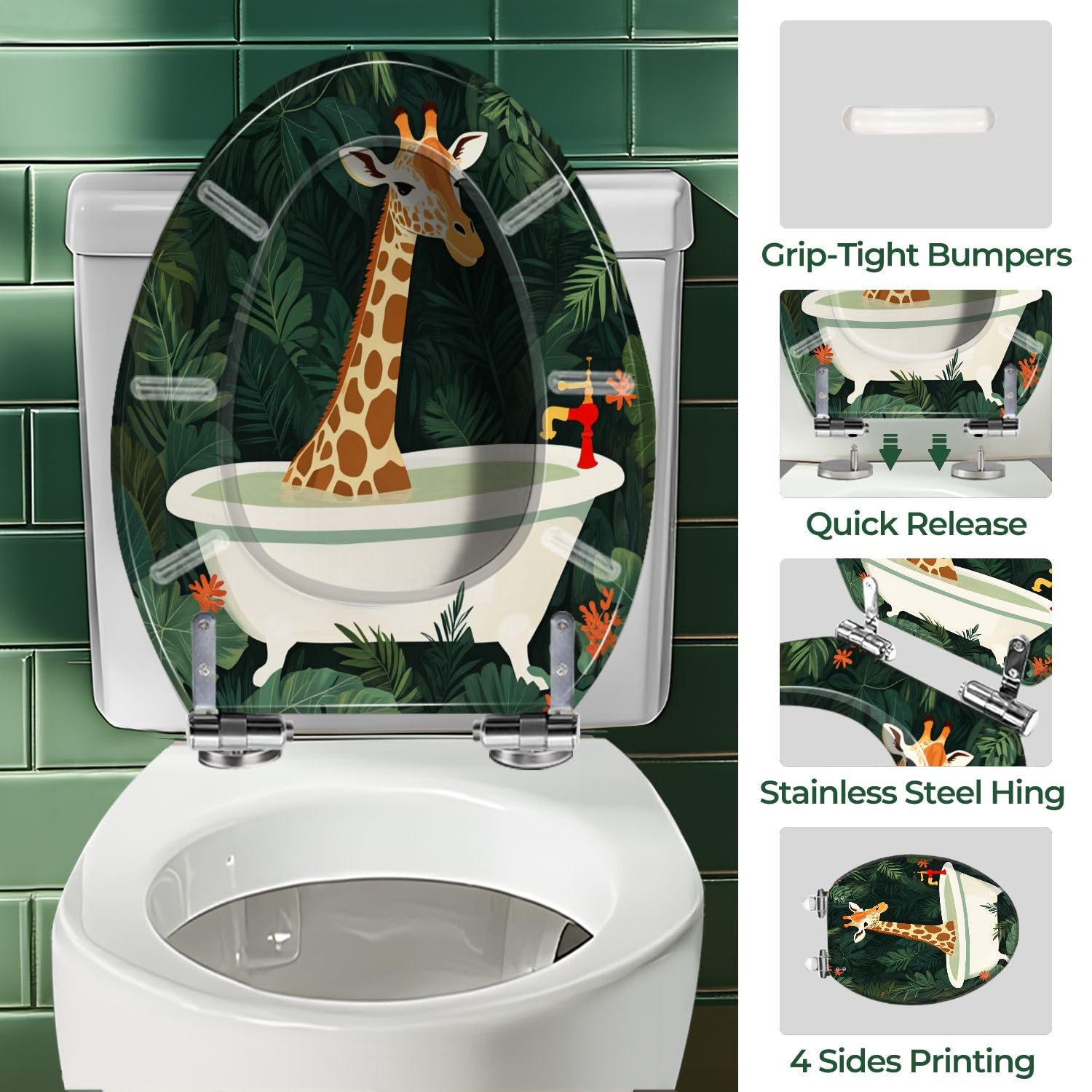 Jungle Animal Kids Wydłużona deska sedesowa z żywicy, ciche zamykanie zawiasy szybkiego zwalniania, zabawna żyrafa kolorowa dekoracja, łatwa do czyszczenia