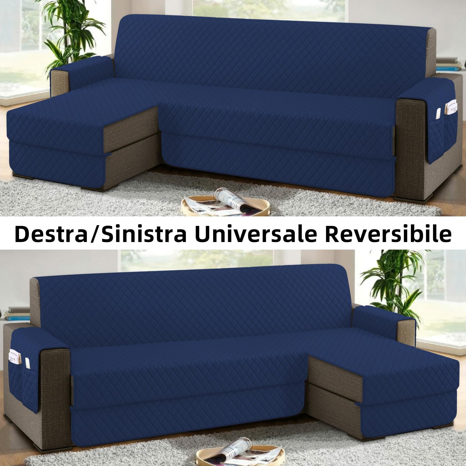 sevi's Copridivano con Penisola 4 Posti (L 300 CM) Destra/Sinistra Universale Reversibile Impermeabile, Copridivano Chaise longue Antigraffio, Copridivano Angolare con Tasche Portaoggetti- Blu