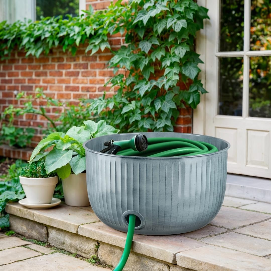Monarch Abode Garden Hose Holder with Lid – Decorative Water Hose Holders for Outside, Ridge Embossed Metal Patina Pot with Drainage, 100ft Waterhose Holder for Outside, Garden Storage Caddy