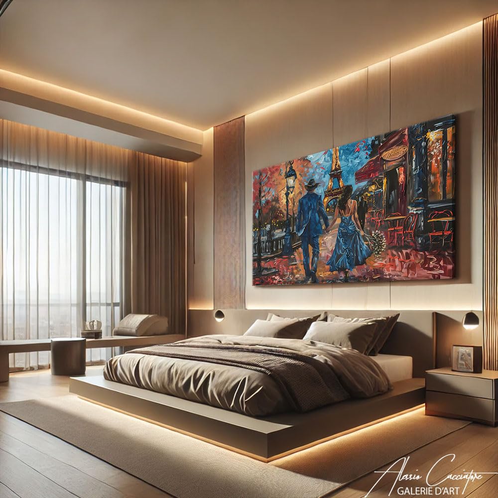 Alessio Cacciatore Quadro per camera da letto coppia, decorazione da parete con amore e coppia, idea regalo per giovani coppie, decorazione da parete Parigi - tela coppia innamorata
