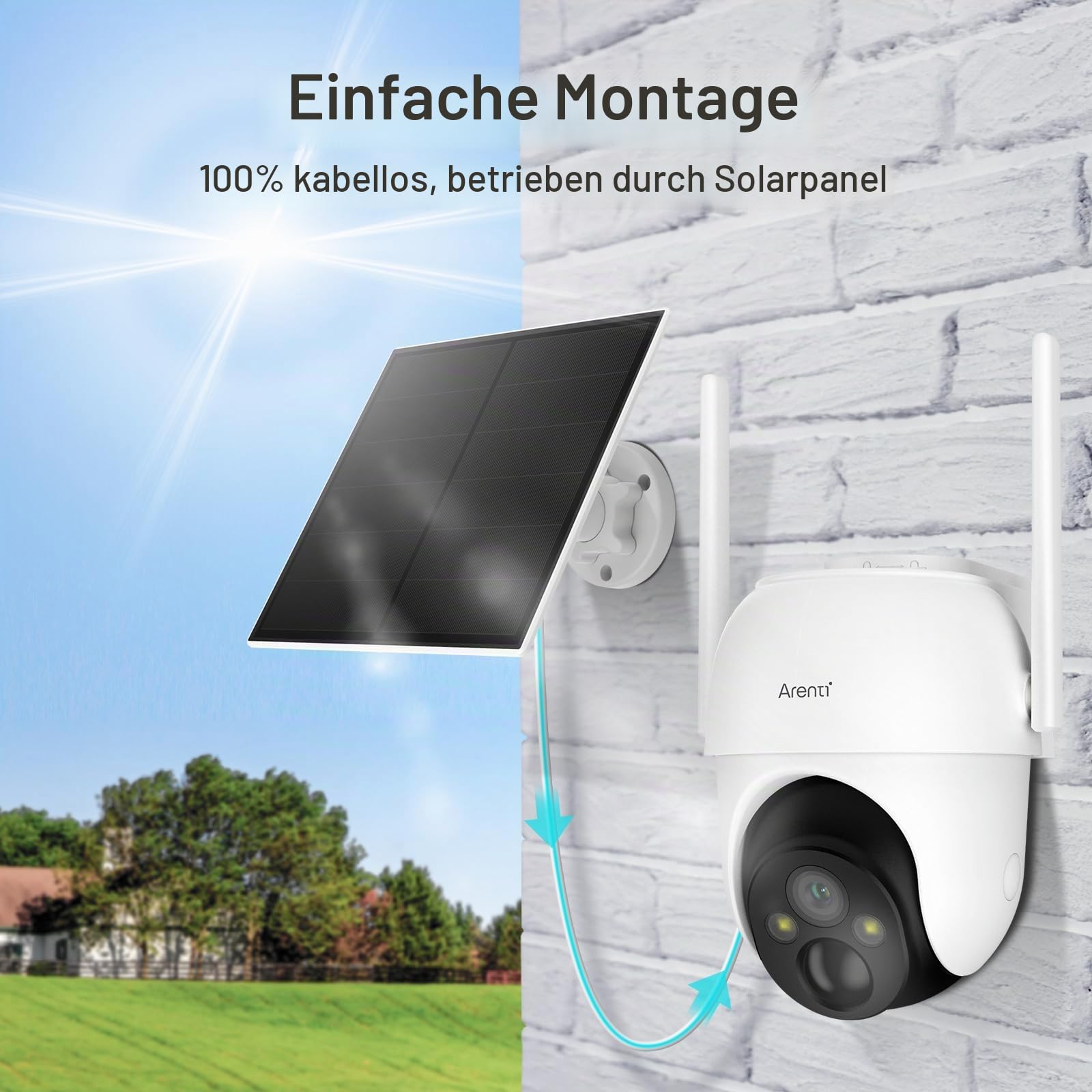 ARENTI 2K/3MP Überwachungskamera Aussen Akku mit Solar, PTZ 360° WLAN Kamera Überwachung Aussen, 100% Kabellos, Farbige Nachtsicht, PIR-Bewegungssensor, 2-Wege-Audio, Spotlight&Sirene