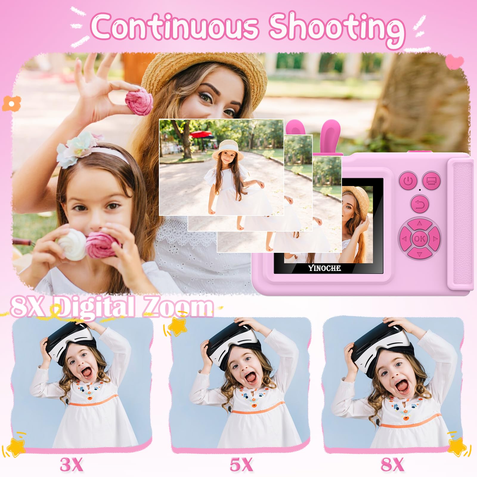 YINOCHE Fotocamera per bambini, stampa istantanea, fotocamera per bambini con foto stampabili, giocattoli per bambini dai 3 ai 14 anni, fotocamera digitale, regalo di compleanno per ragazze (rosa)