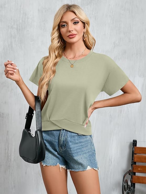 Poplab Women's Short Sleeve Cropped T Shirts Casual Boxy Workout Crop Tops Summer Loose Fit Solid Basic Tees