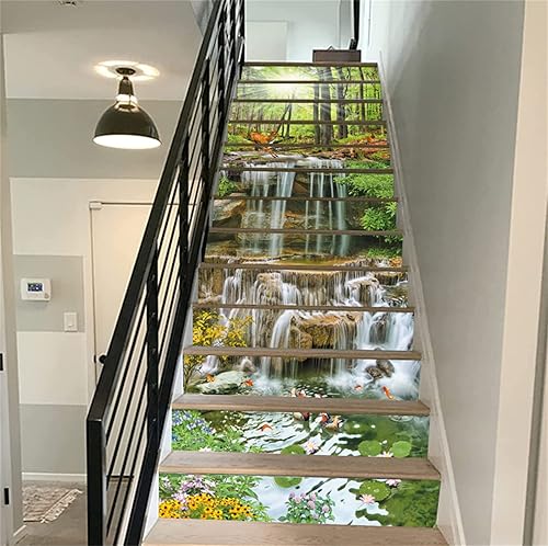 Miniatura 4 de artfanke - 13 adhesivos de escalones con relieve 3D de sol, bosque y cascada, autoadhesivos y para pelar y pegar - adhesivos para escaleras para
