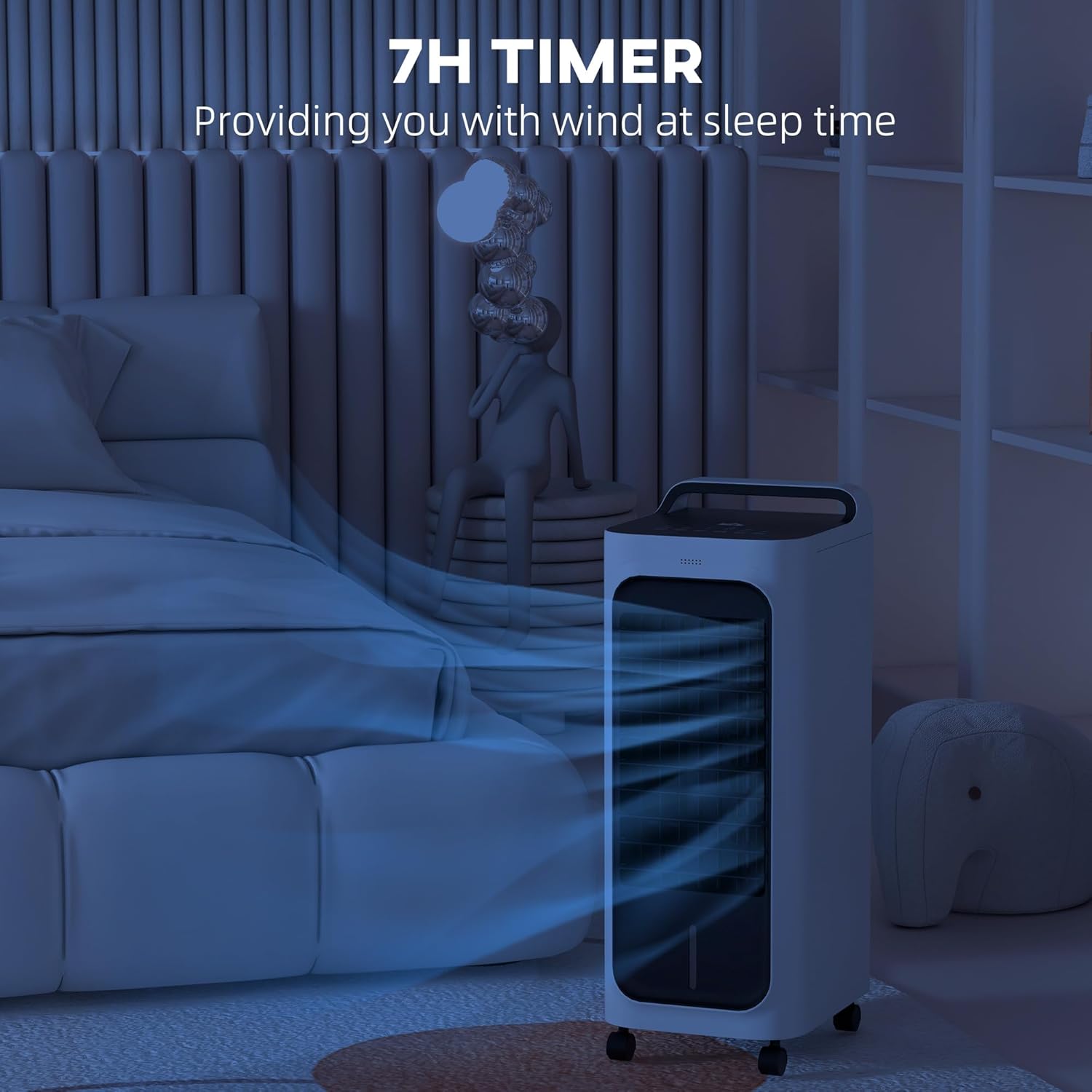 anwickjeff Portable Evaporative Air Cooler in a bedroom with '7H TIMER' displayed, indicating automatic shut-off