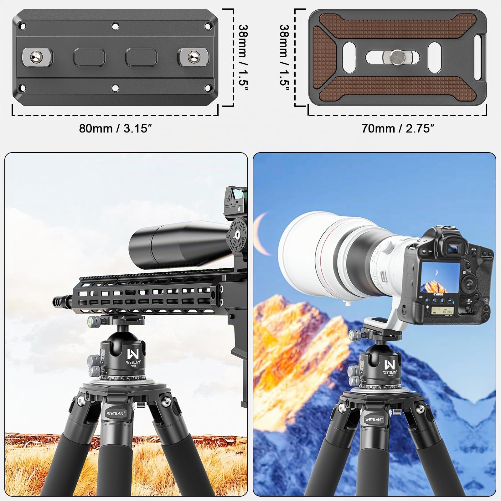 WEYLLAN KH55 testa a sfera per treppiede a basso profilo con rilascio a leva, 55mm testa sferica in metallo rotante a 360°, con arca rail m-lok, per riprese fotografiche di caccia, carico massimo 40kg