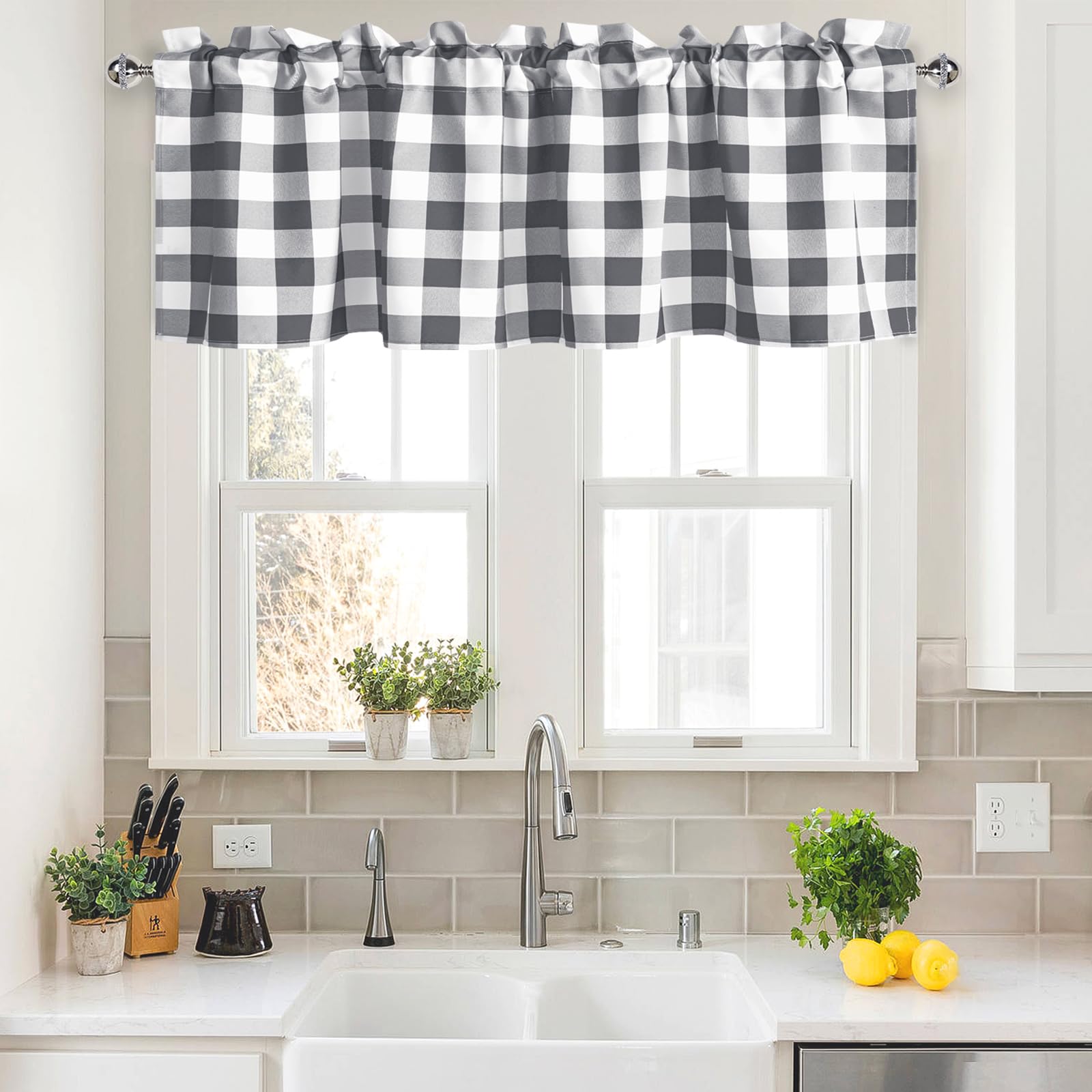 DWCN Buffalo Plaid Valance for Windows - Grey and White Rod Pocket Curtain Valance Checkered Drape for Bedroom, Living Room, Dining Room, W52 x L18, 1