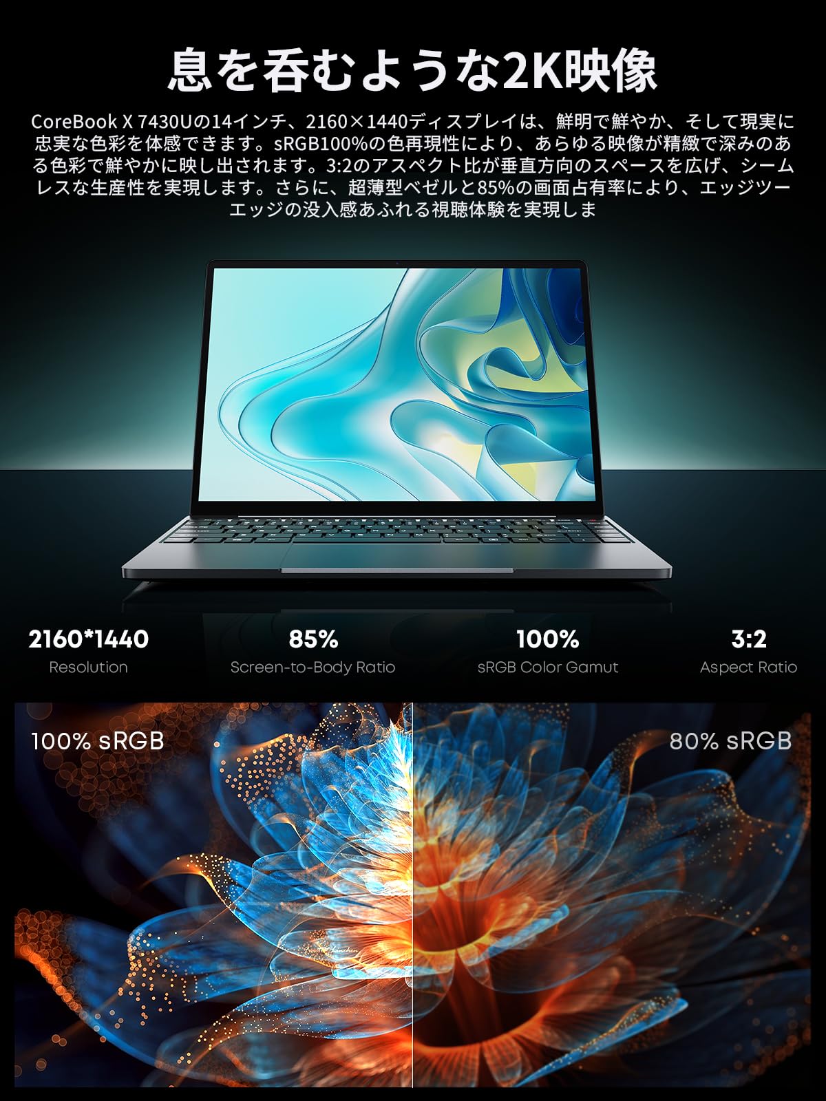 CHUWI ノートパソコン Office 2024 搭載 パソコン 2160*1440 2K CoreBook X 14.1インチ Ryzen 5 7430U プロセッサー搭載 メモリ16GB SSD512GB Windows11 HDMI 4K出力/Type-C*2/Wifi6 BT5.2 100W webカメラ/バ46.2Wh/1.35kg/オフィス・エンタメノートPC 画像 4