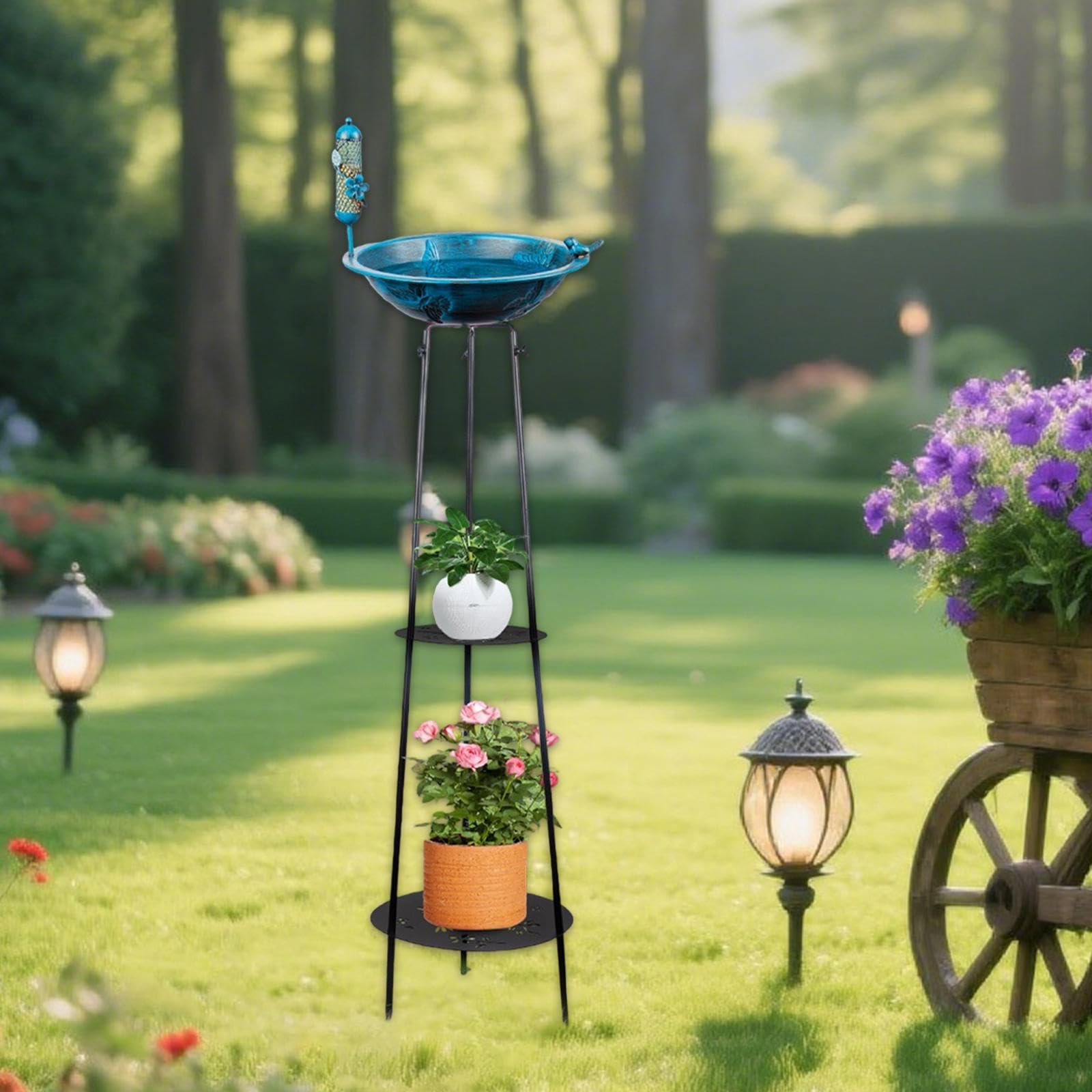 Supporto per Piante da Giardino con Mangiatoia per Uccelli per Patio Esterno in Metallo Resistente