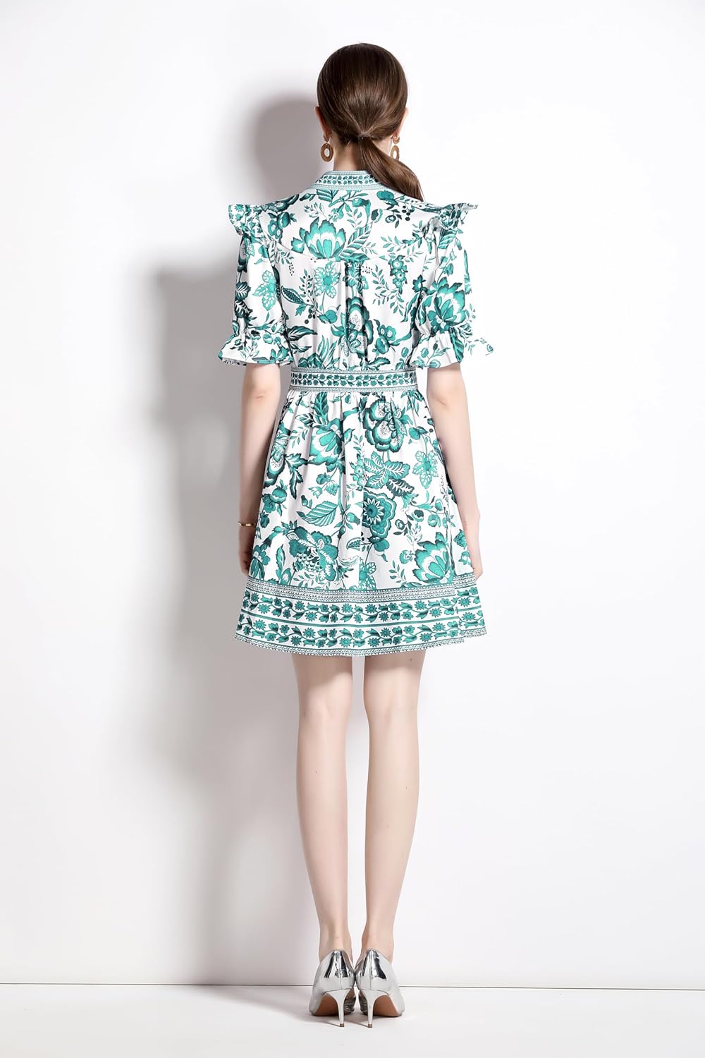 LAI MENG FIVE CATS Women's Button Up Short Puff Sleeve V-Neck Floral Print Split Casual Mini Dress - Image 2