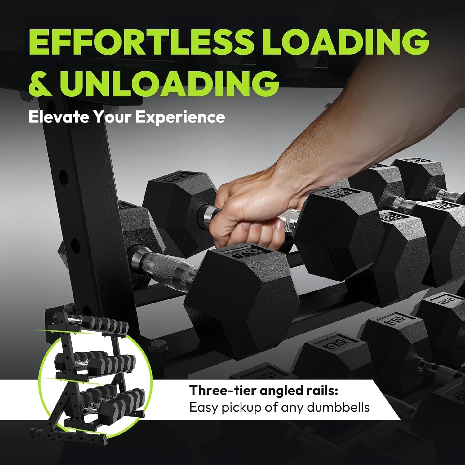 Rubber Coated Hex Dumbbell Set with Rack, 300-840 lb | Fixed Weights Sets with Heavy Duty Storage Stand, Multiple Weight Options Home Gym Equipment for Strength Training