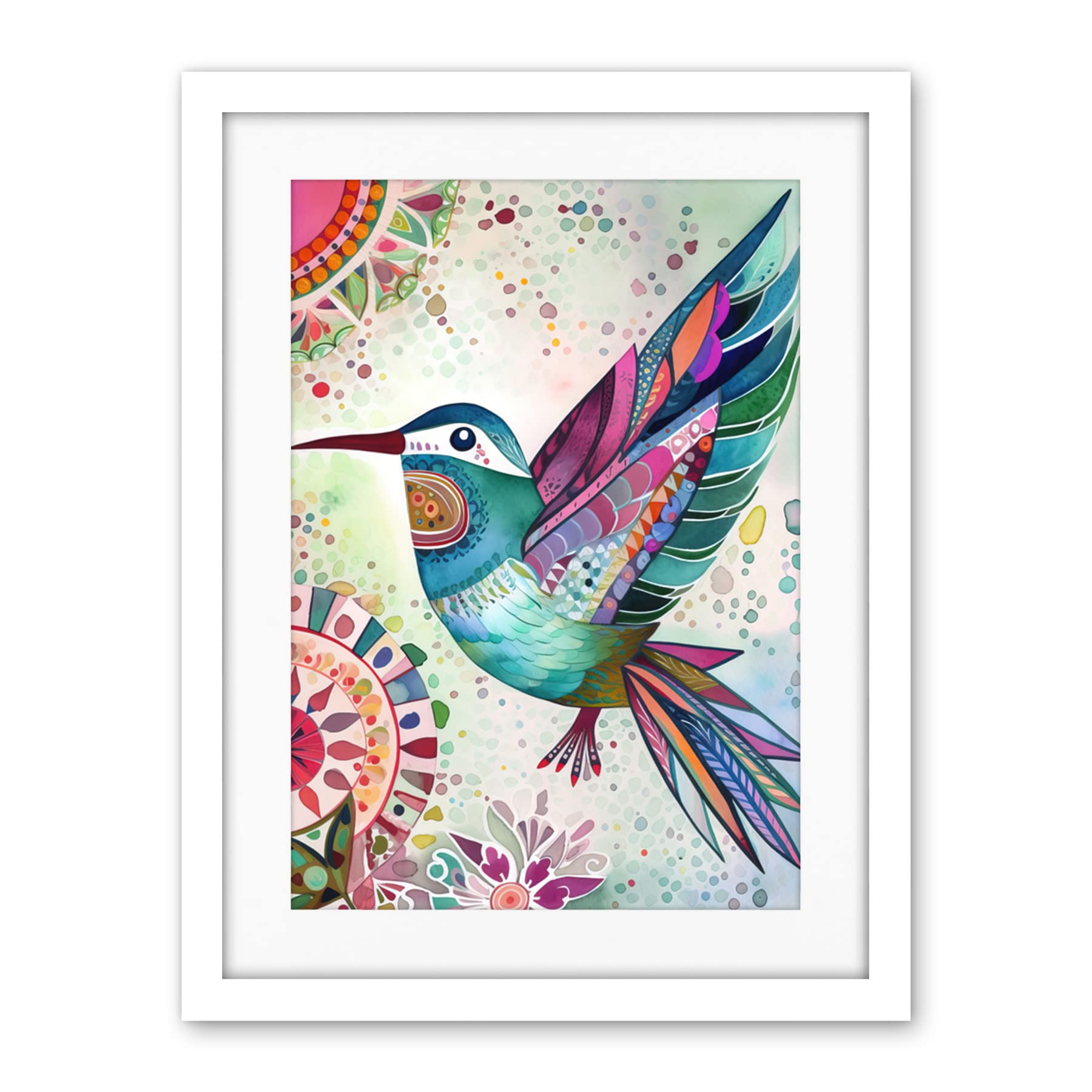 Artery8 Hummingbird With Multicolour Mandala Patterns Folk Art Watercolour Painting Artwork Framed Wall Art Print 18X24 Inch