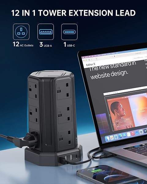 Tower Extension Lead, Aodeng 12 Way Extension Tower Multi Plug Extension Sockets with 4 USB Slots, [13A 3250W] Surge Protector Long Extension cable for Home, Office, Kitchen - 2